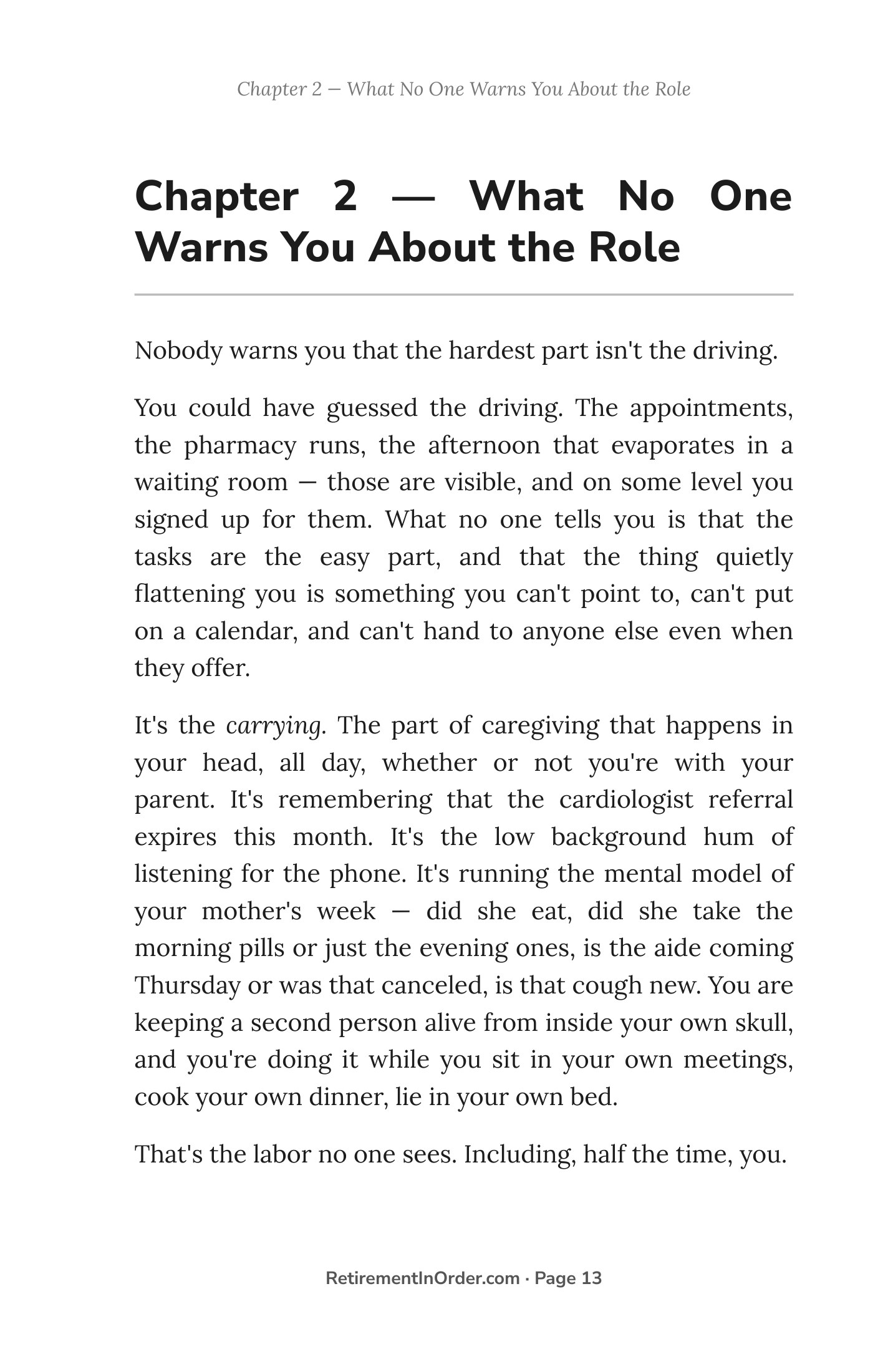 Chapter 2 — what no one warns you about the role — an actual page from the Caregiving Without Losing Yourself PDF