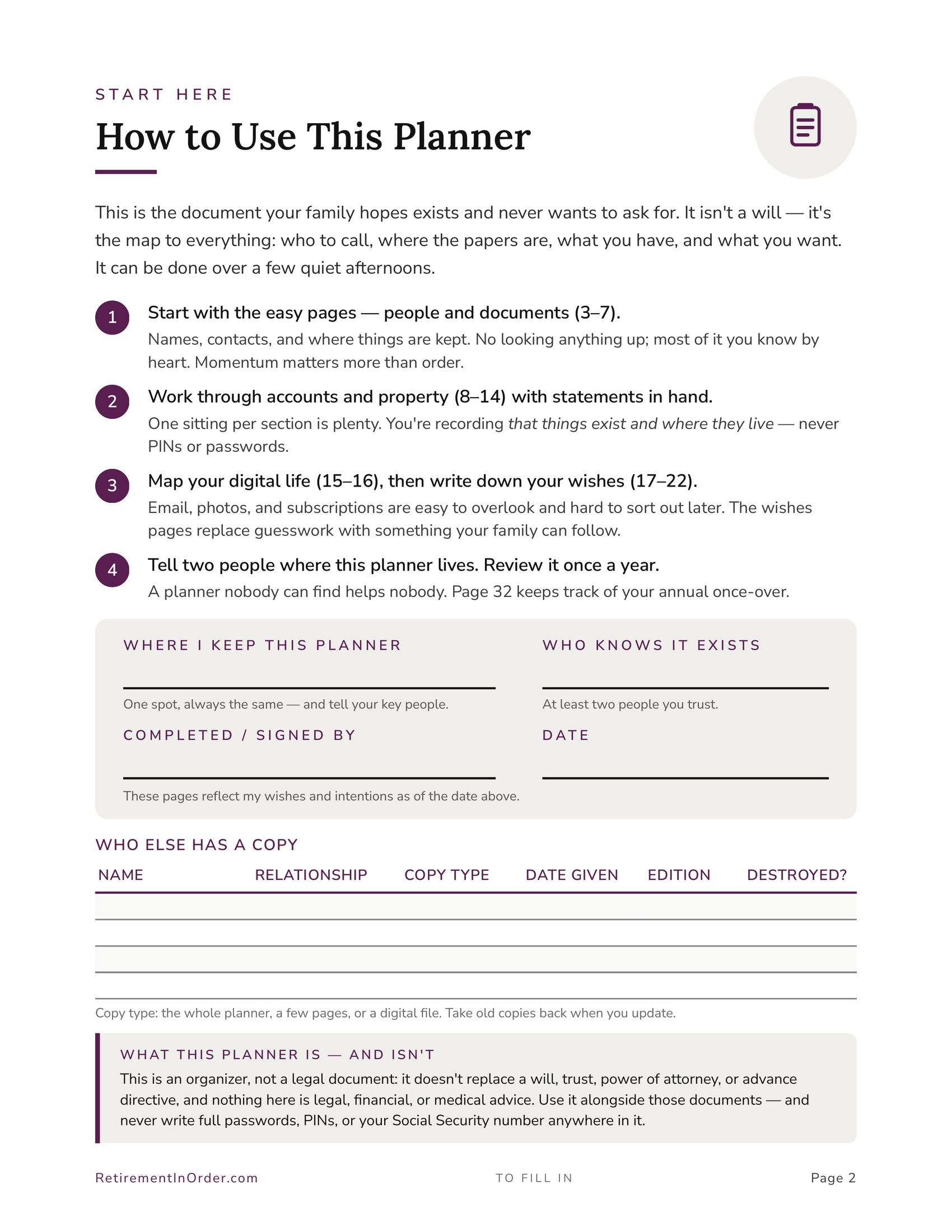 How to use this planner — an actual page from the End of Life Planner PDF
