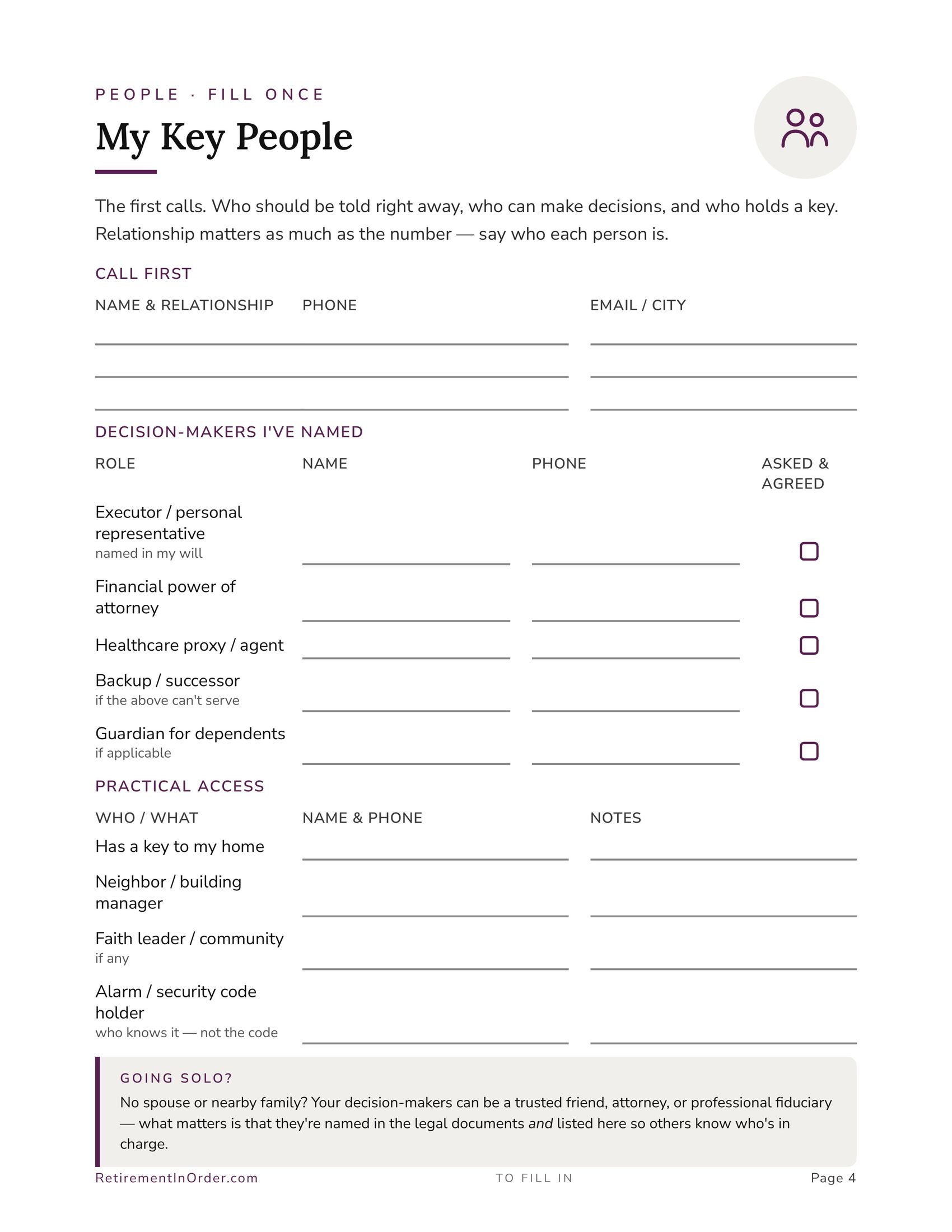 My key people — an actual page from the End of Life Planner PDF