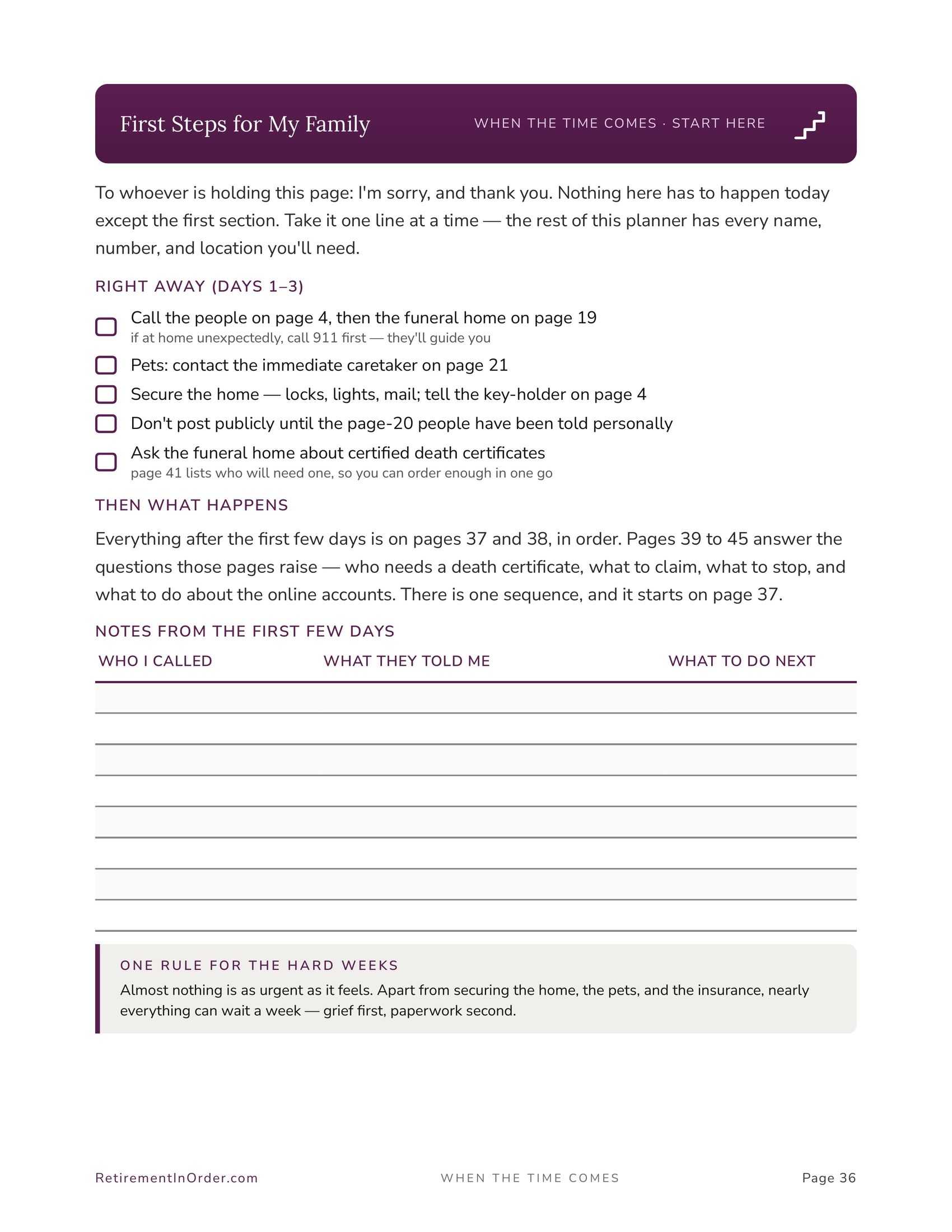 First steps for my family — an actual page from the End of Life Planner PDF