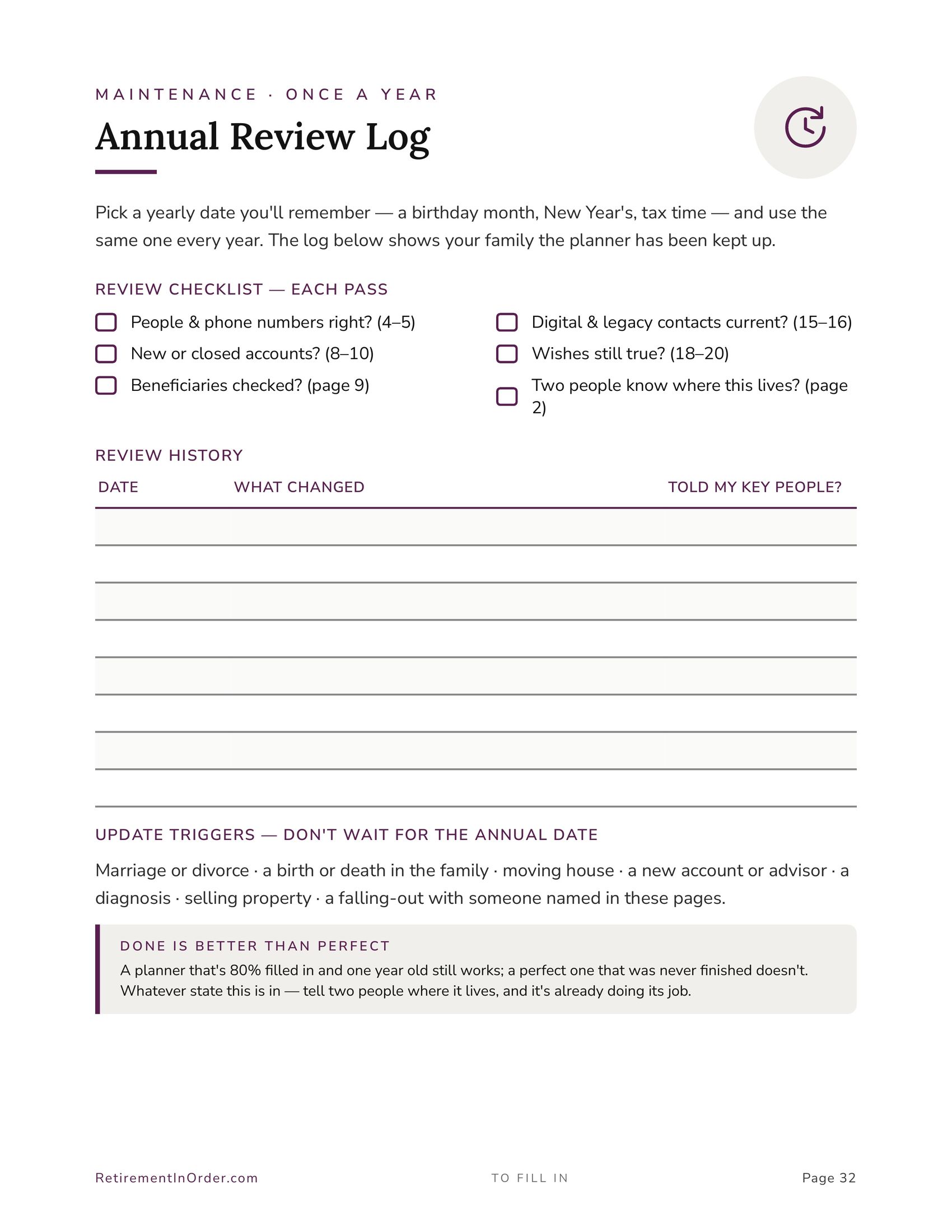 Annual review log — an actual page from the End of Life Planner PDF