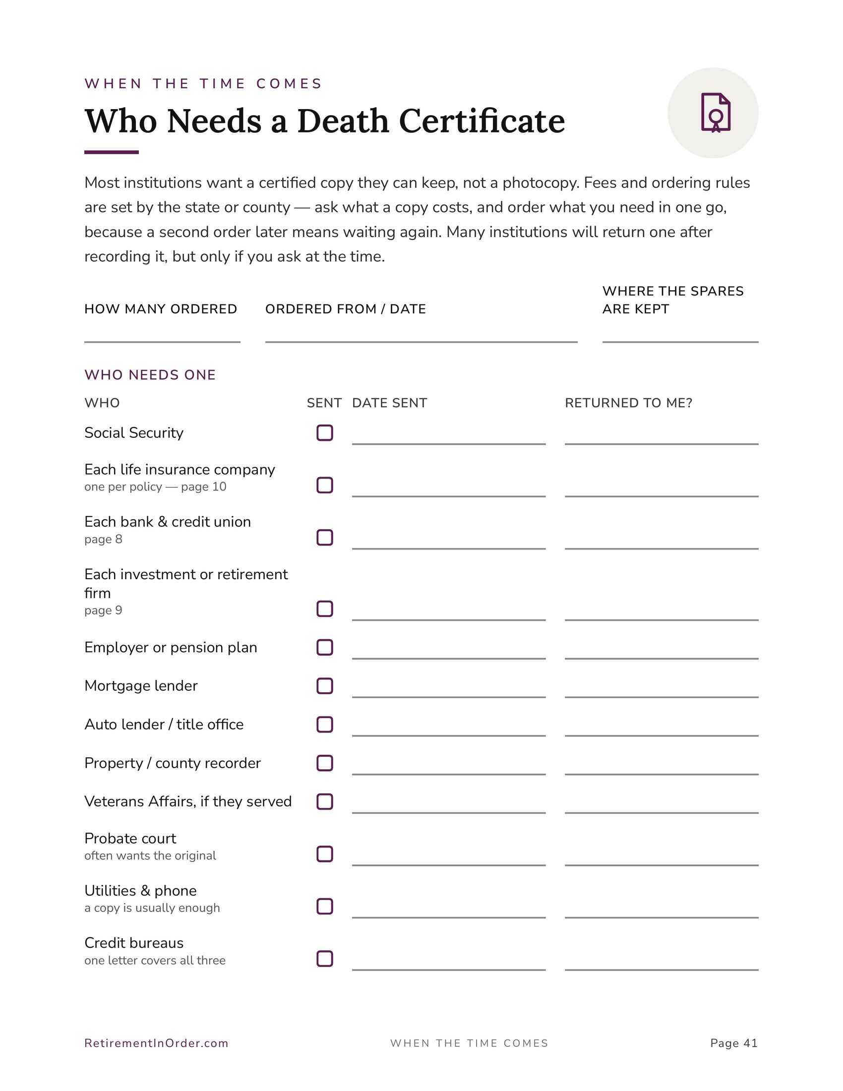 Who needs a death certificate — an actual page from the End of Life Planner PDF