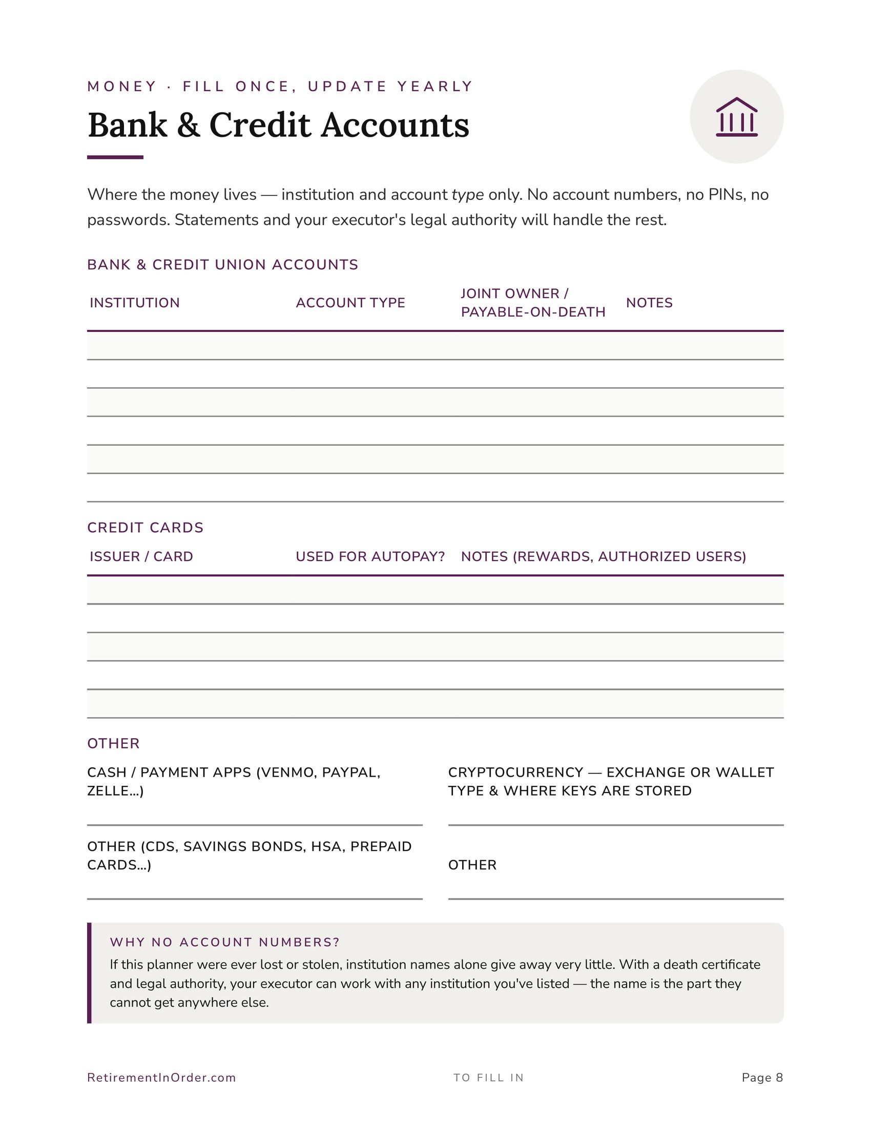Bank & Credit Accounts — an actual page from The Ultimate End of Life Planner