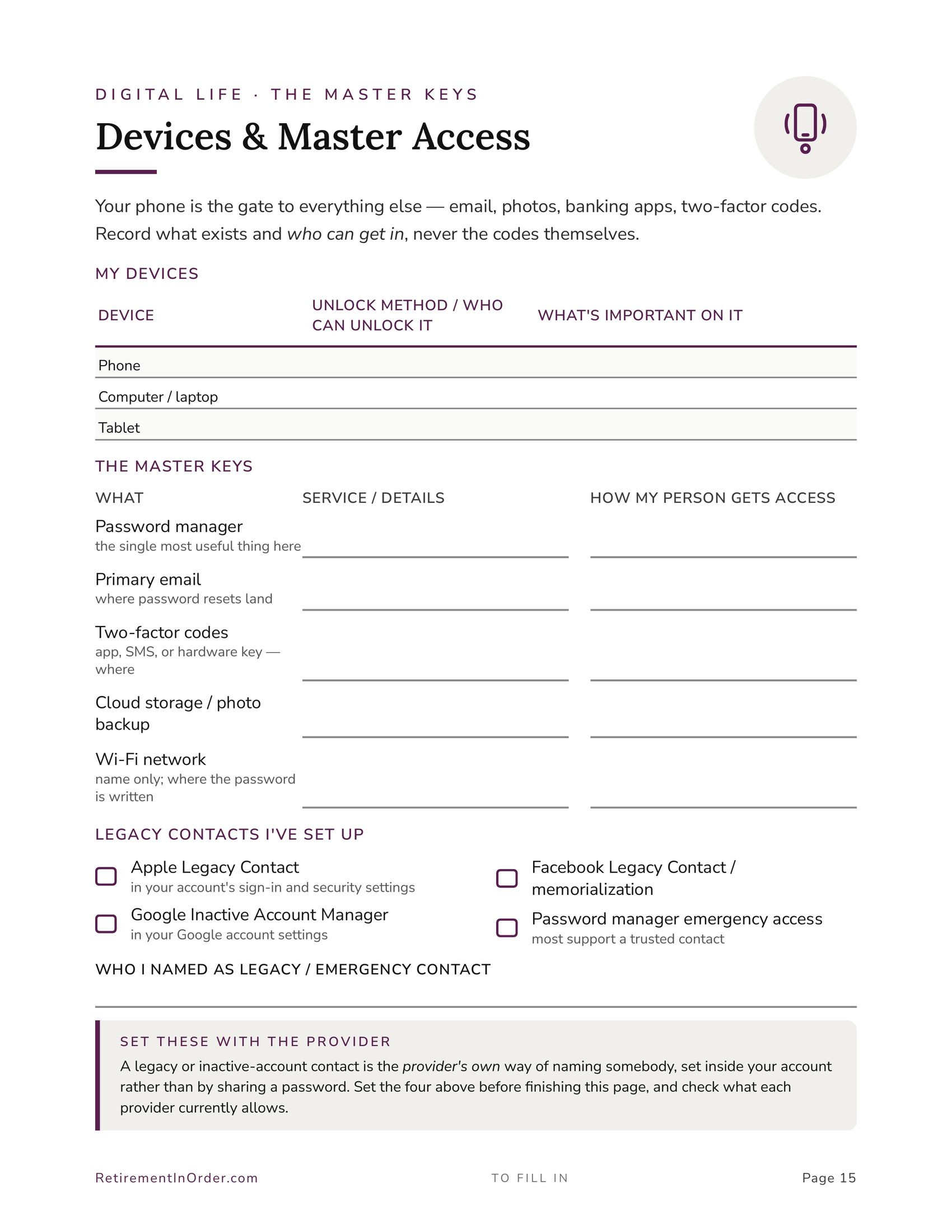 Devices & Master Access — an actual page from The Ultimate End of Life Planner
