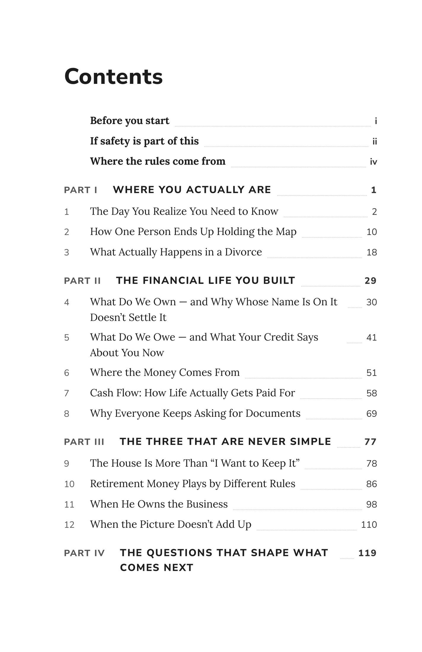 Full table of contents — an actual page from the Divorce Finances PDF