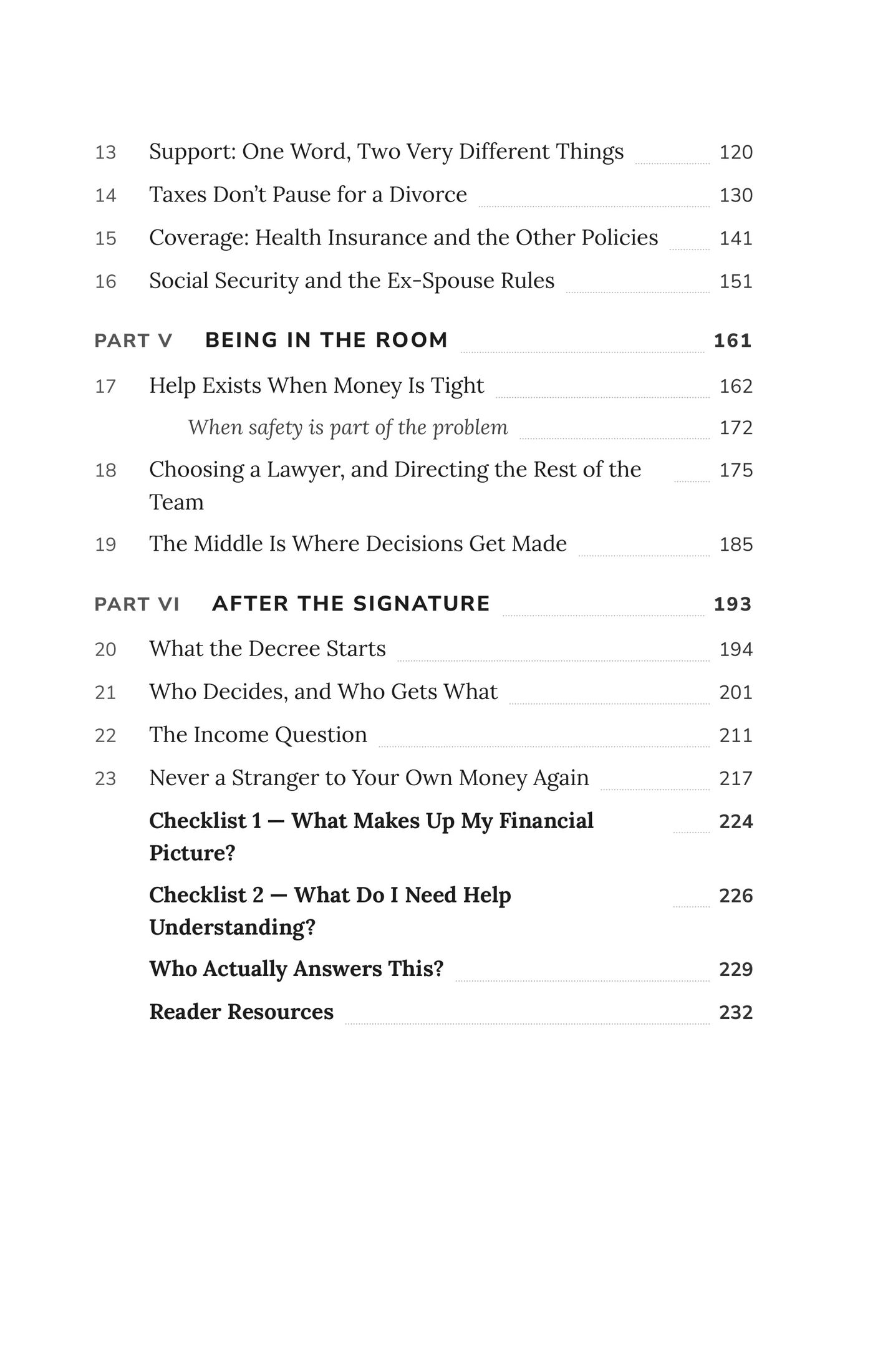 Contents, continued — through the checklists and reader resources — an actual page from the Divorce Finances PDF