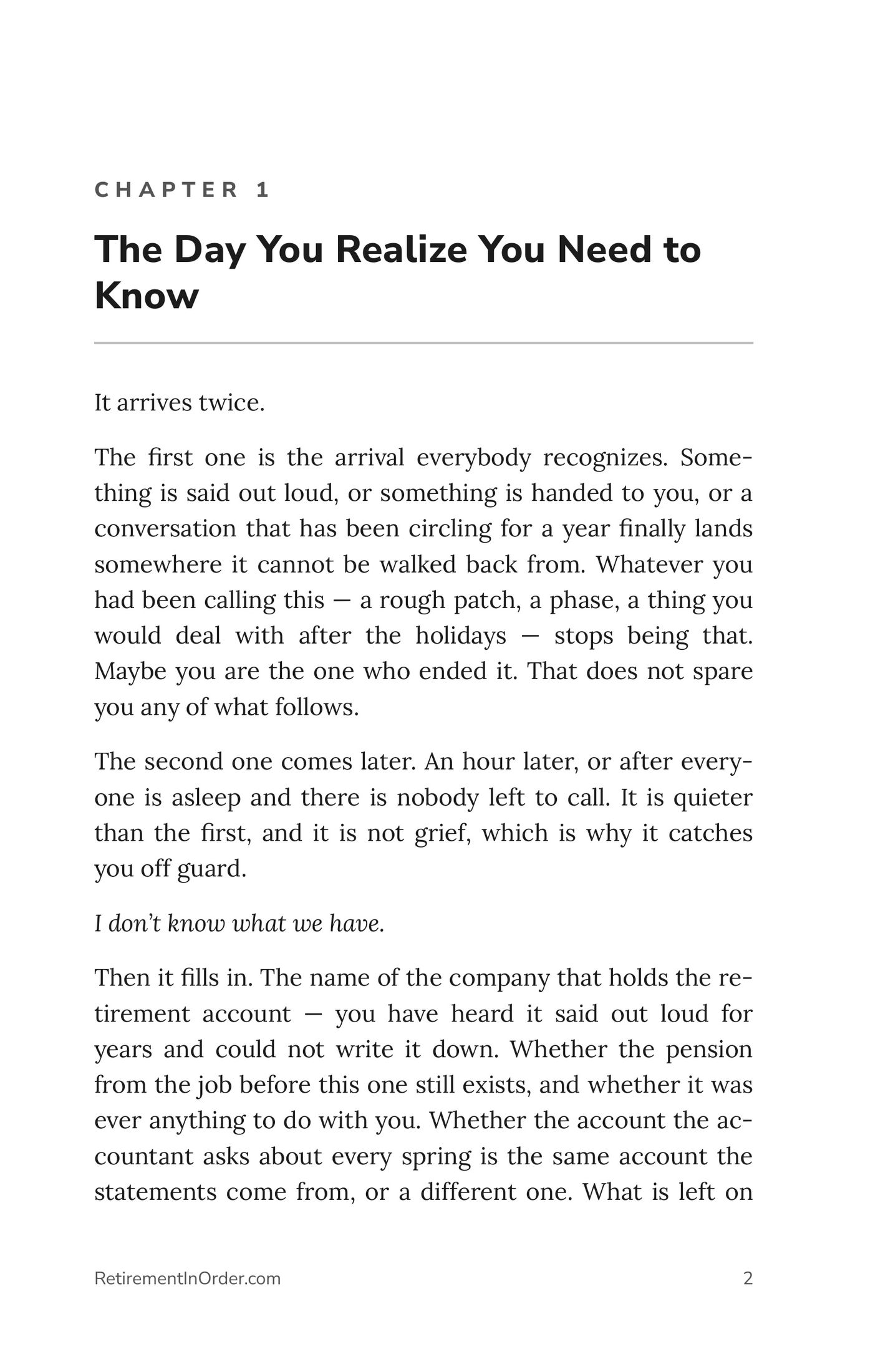 Chapter 1 — the day you realize you need to know — an actual page from the Divorce Finances PDF
