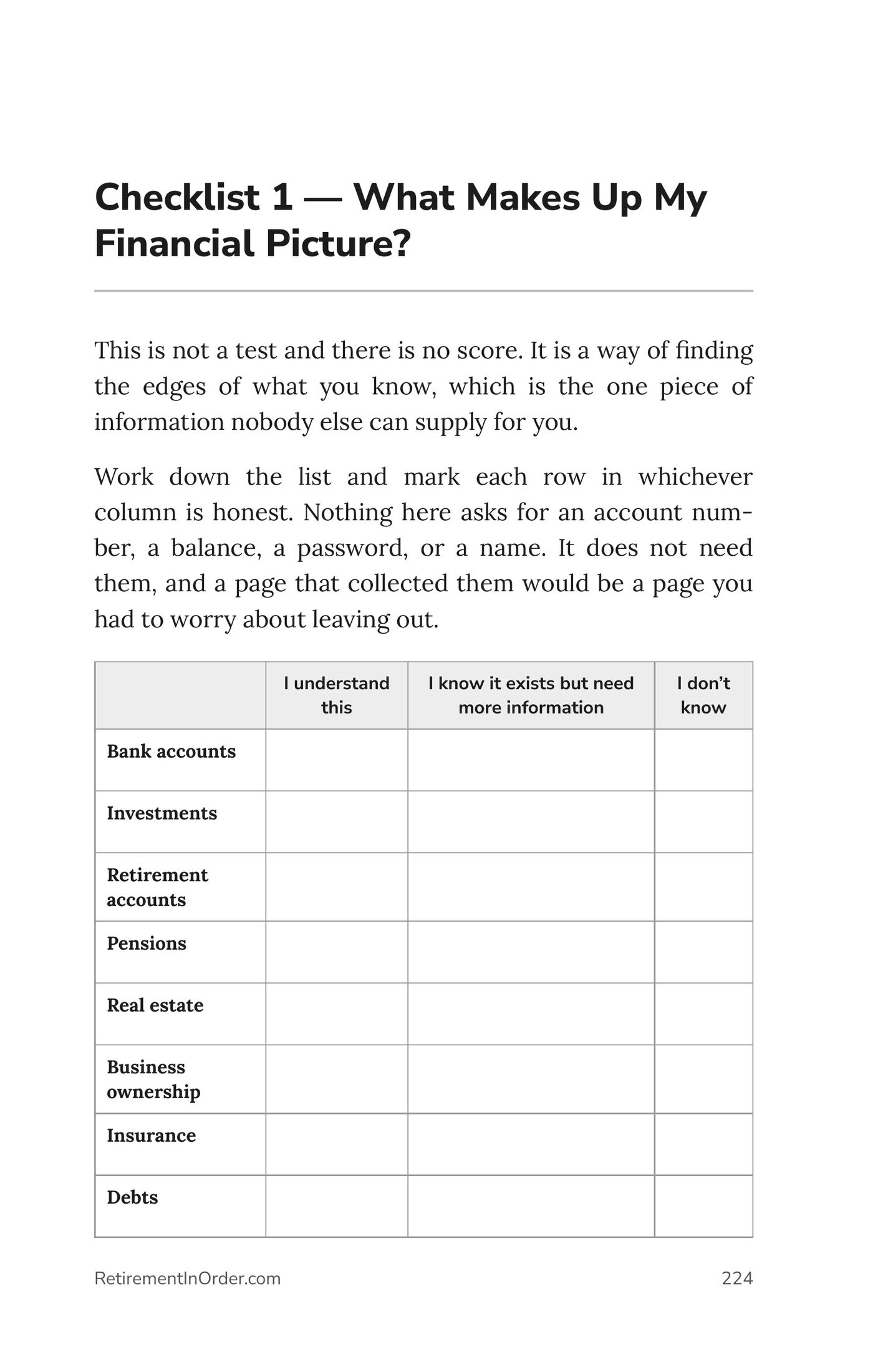 Checklist 1 — What Makes Up My Financial Picture? — an actual page from He Handled the Money: A Woman's Guide to Divorce Finances