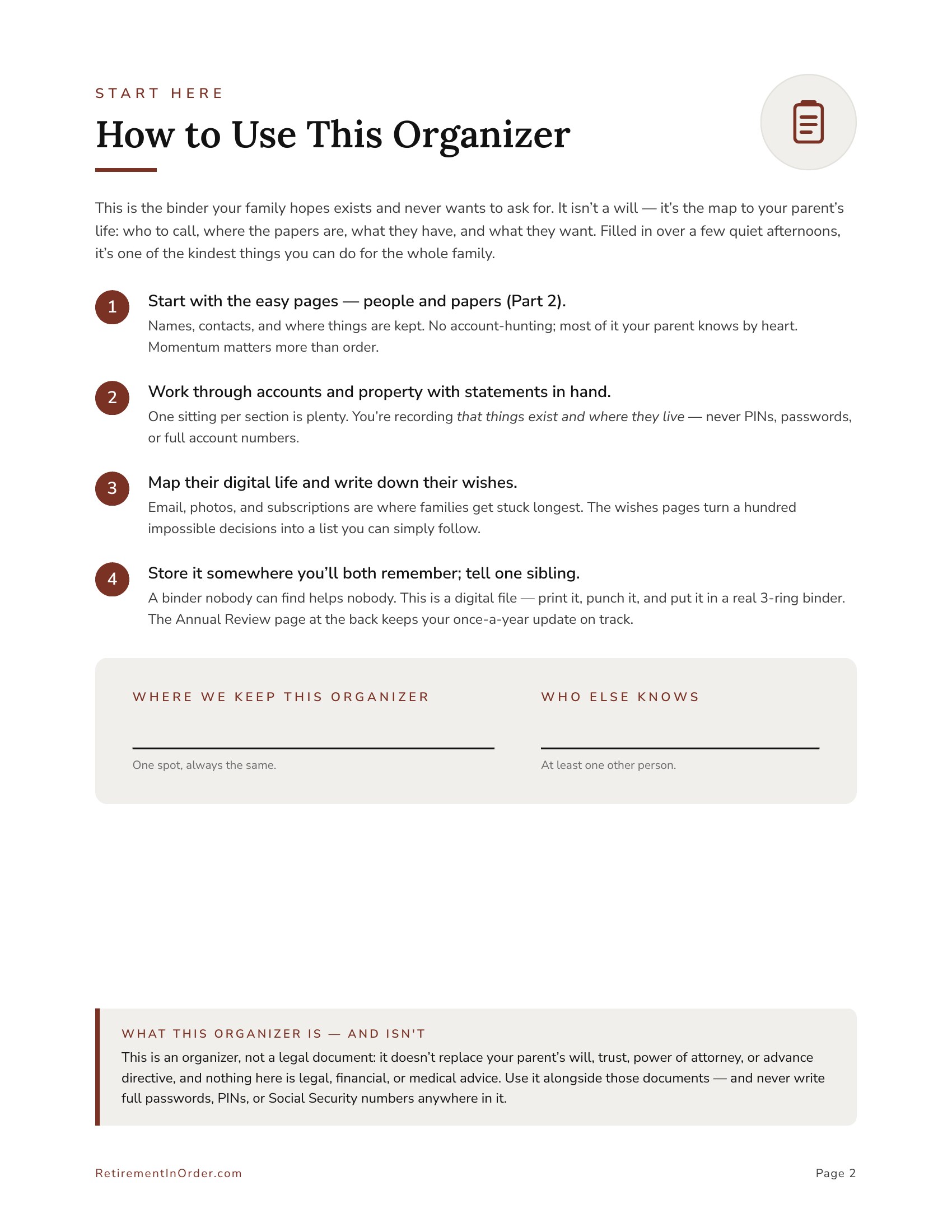 How to use this organizer — an actual page from Helping Your Aging Parents Get Their Affairs In Order