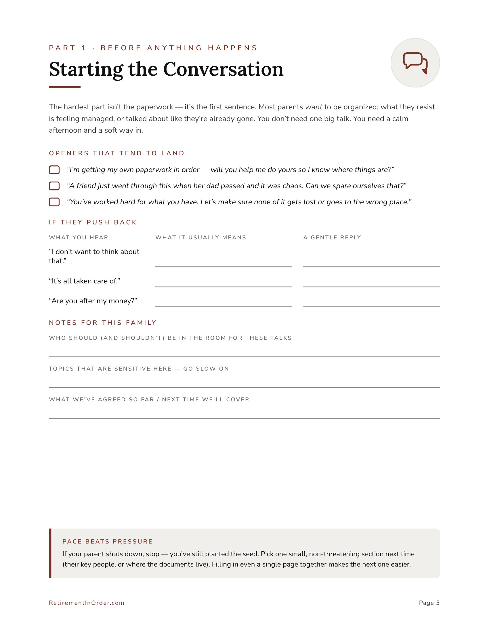 Starting the Conversation — an actual page from Helping Your Aging Parents Get Their Affairs In Order