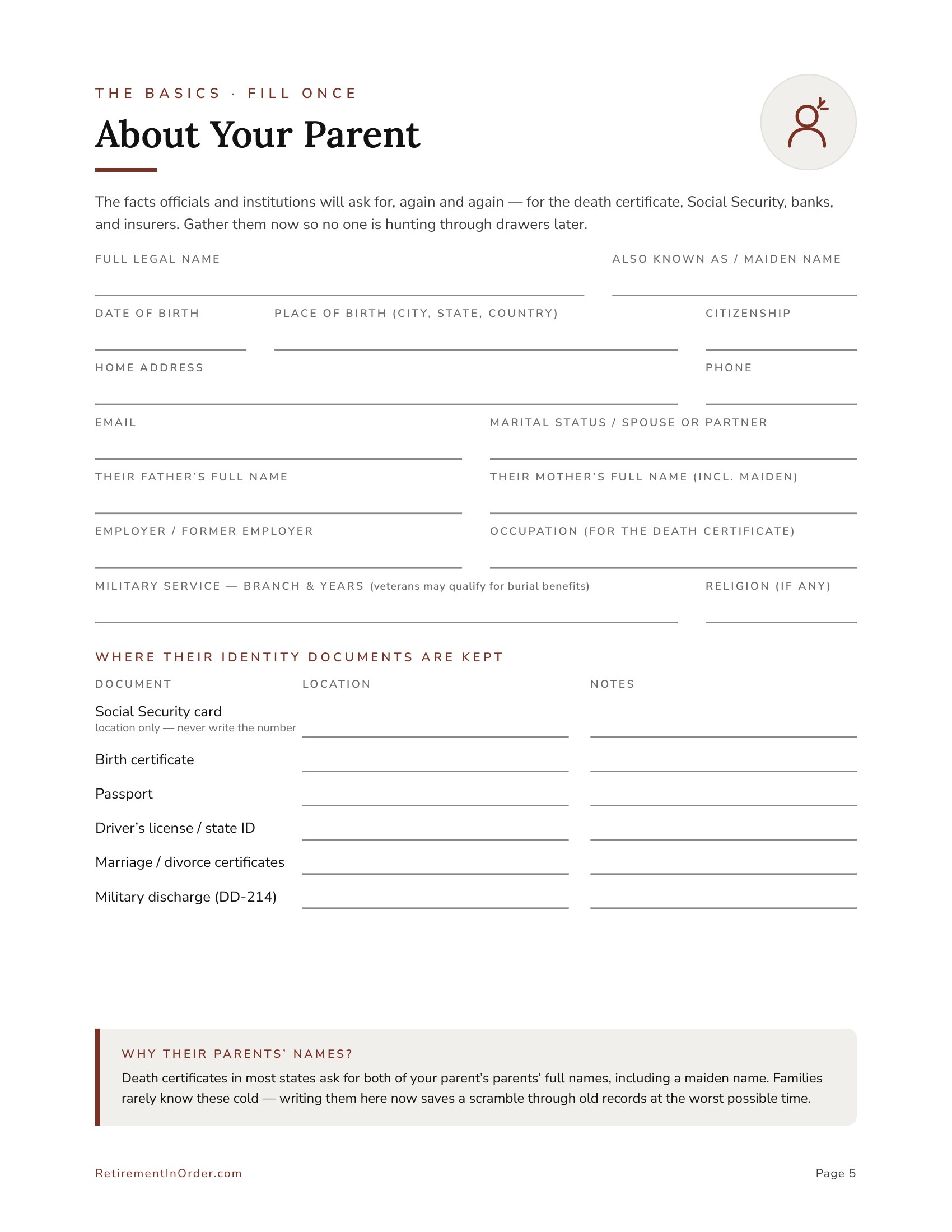 About your parent — an actual page from the Helping Your Aging Parents PDF