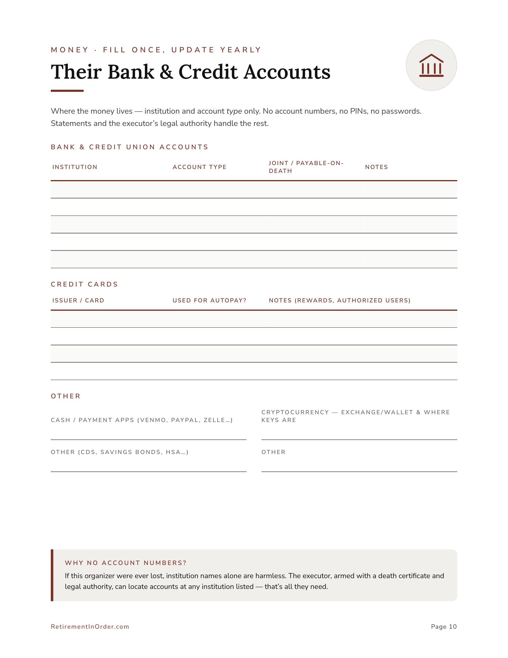 Their bank & credit accounts — an actual page from Helping Your Aging Parents Get Their Affairs In Order