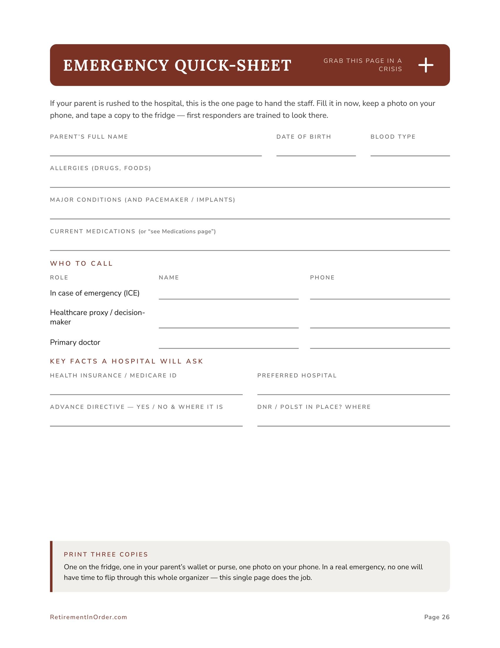 The emergency quick-sheet — an actual page from the Helping Your Aging Parents PDF