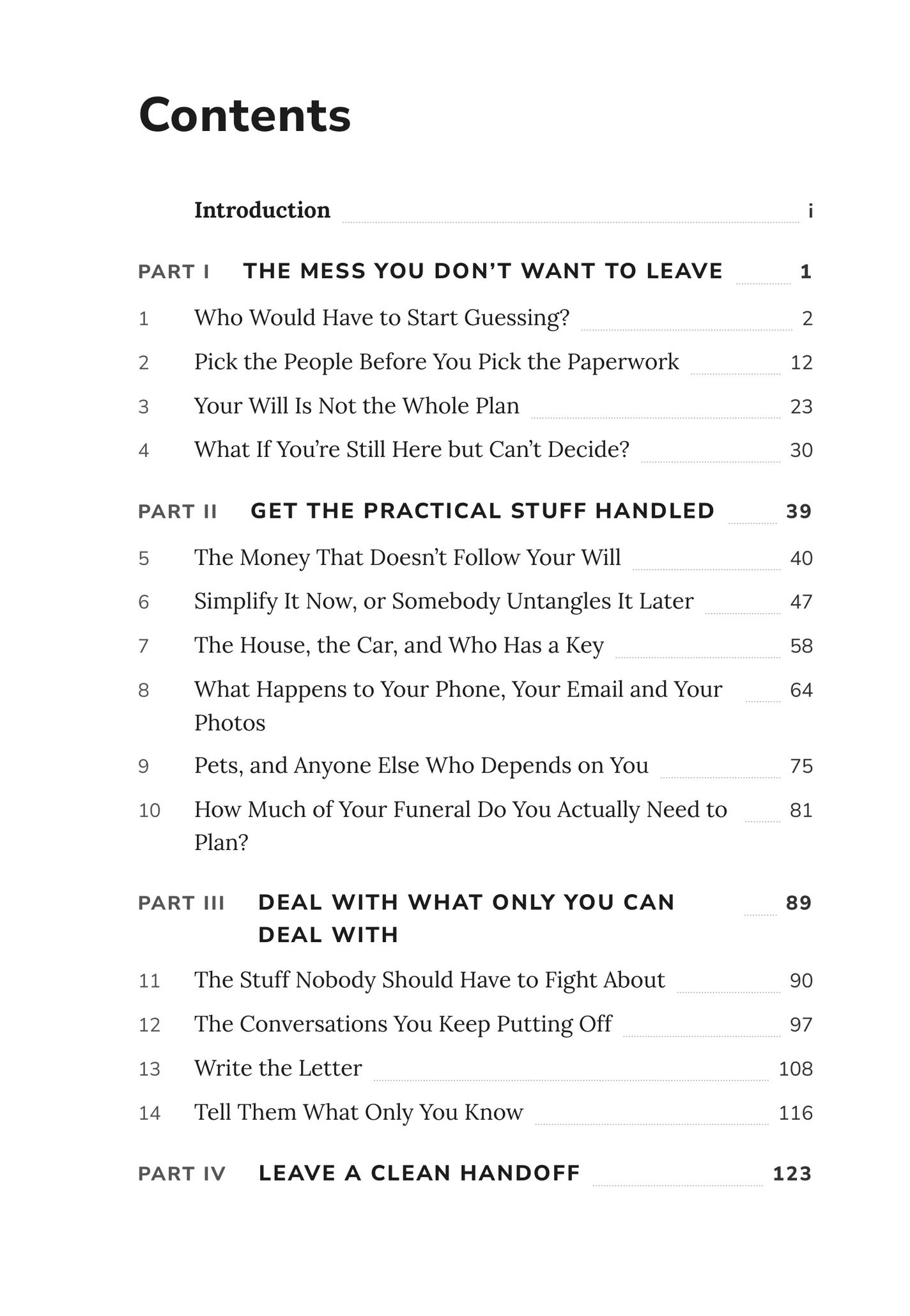 Contents — an actual page from the I'm Going to Die PDF