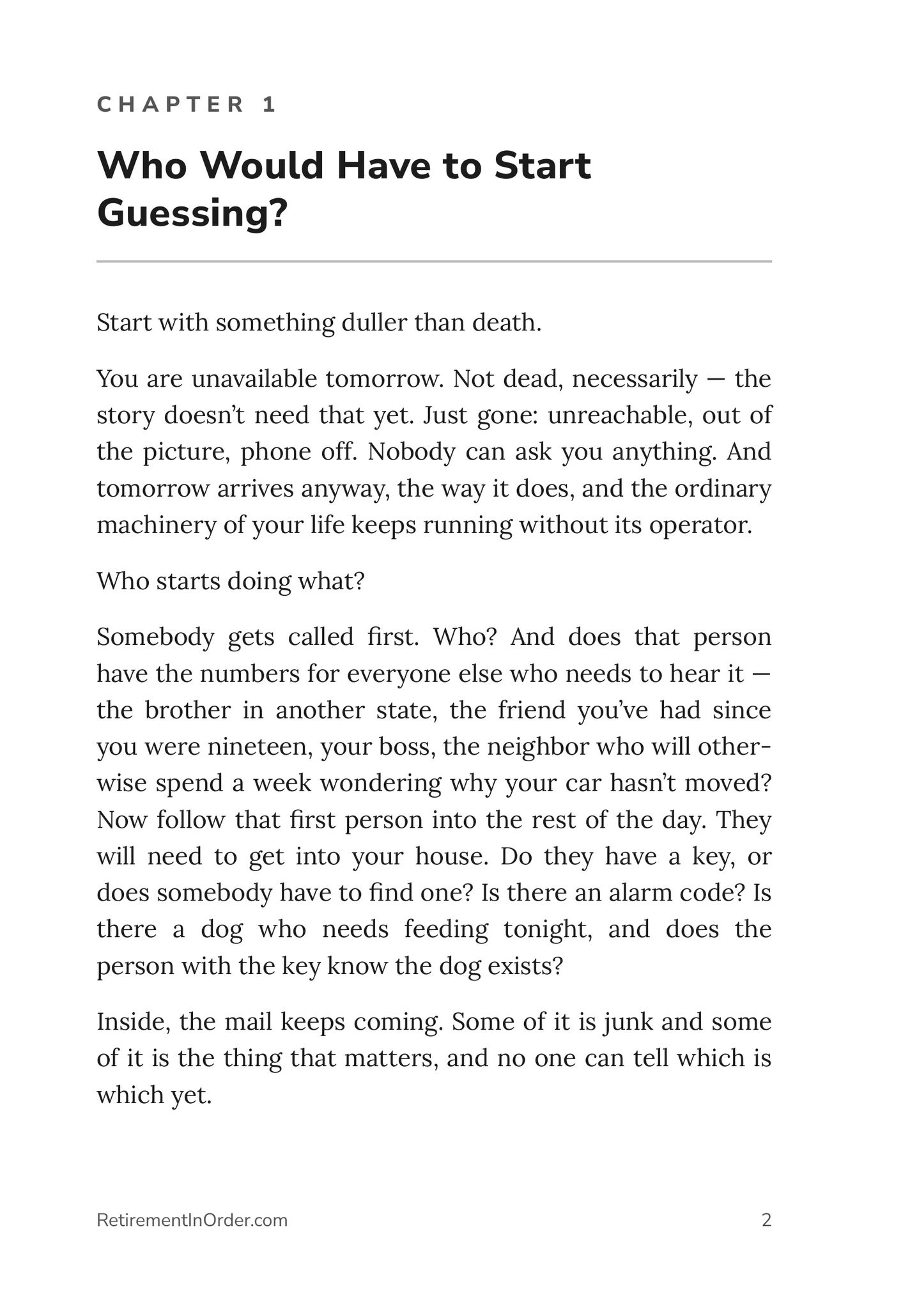 Chapter 1 — Who Would Have to Start Guessing? — an actual page from the I'm Going to Die PDF