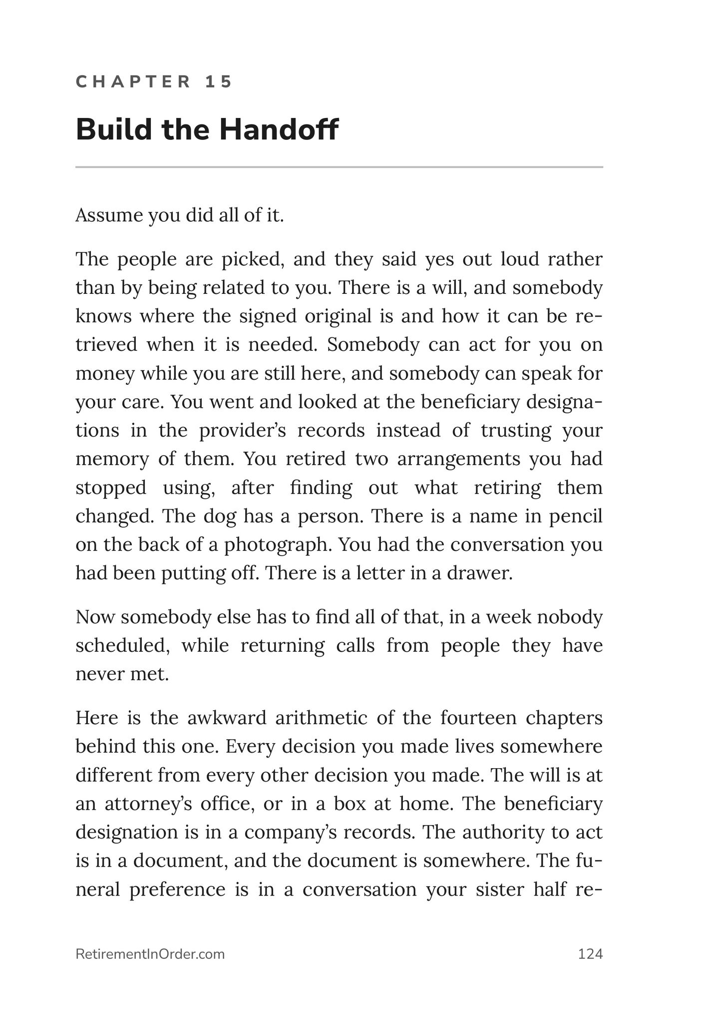 Chapter 15 — Build the Handoff — an actual page from the I'm Going to Die PDF