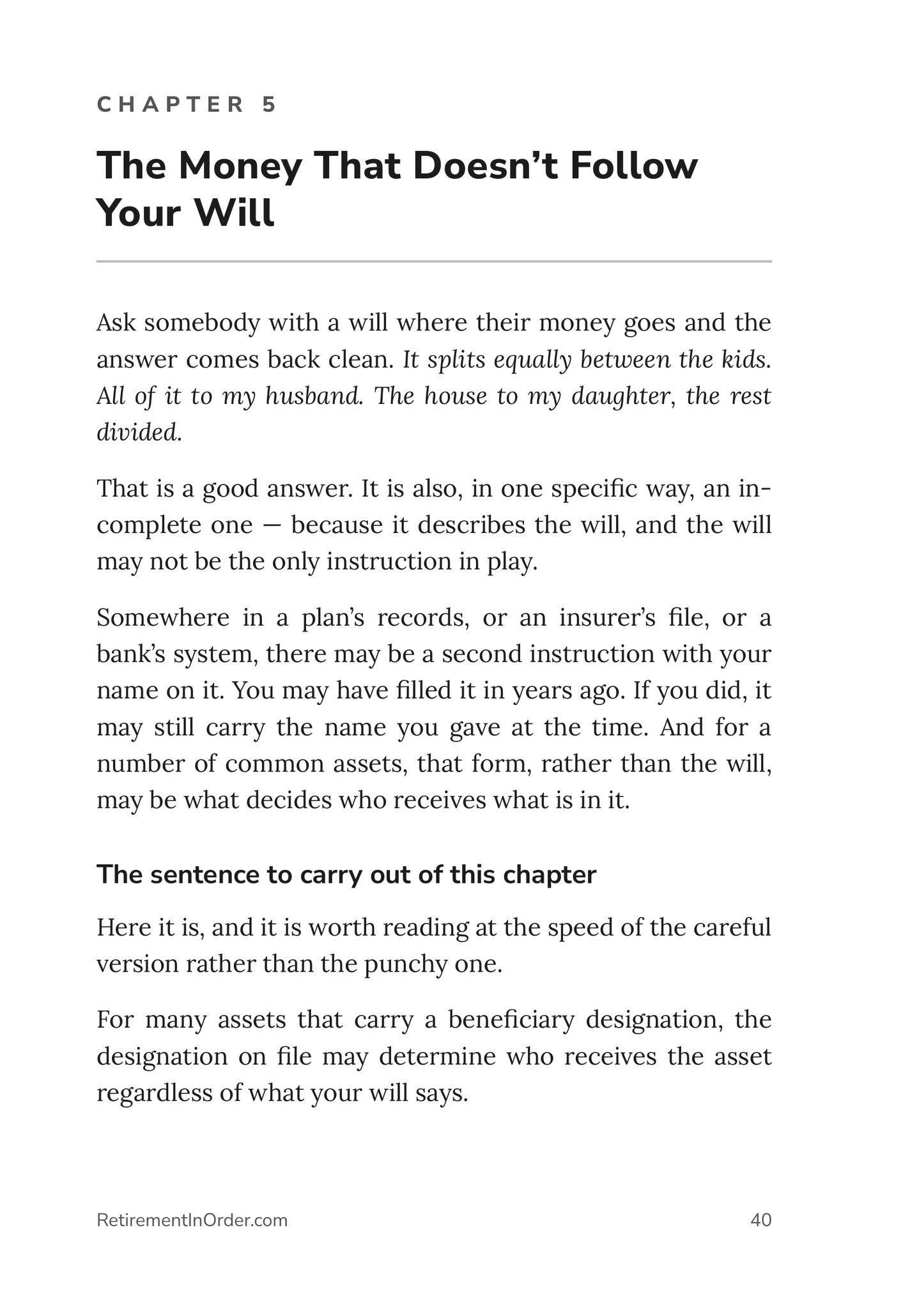 Chapter 5 — The Money That Doesn't Follow Your Will — an actual page from I'm Going to Die: Getting Your Affairs in Order