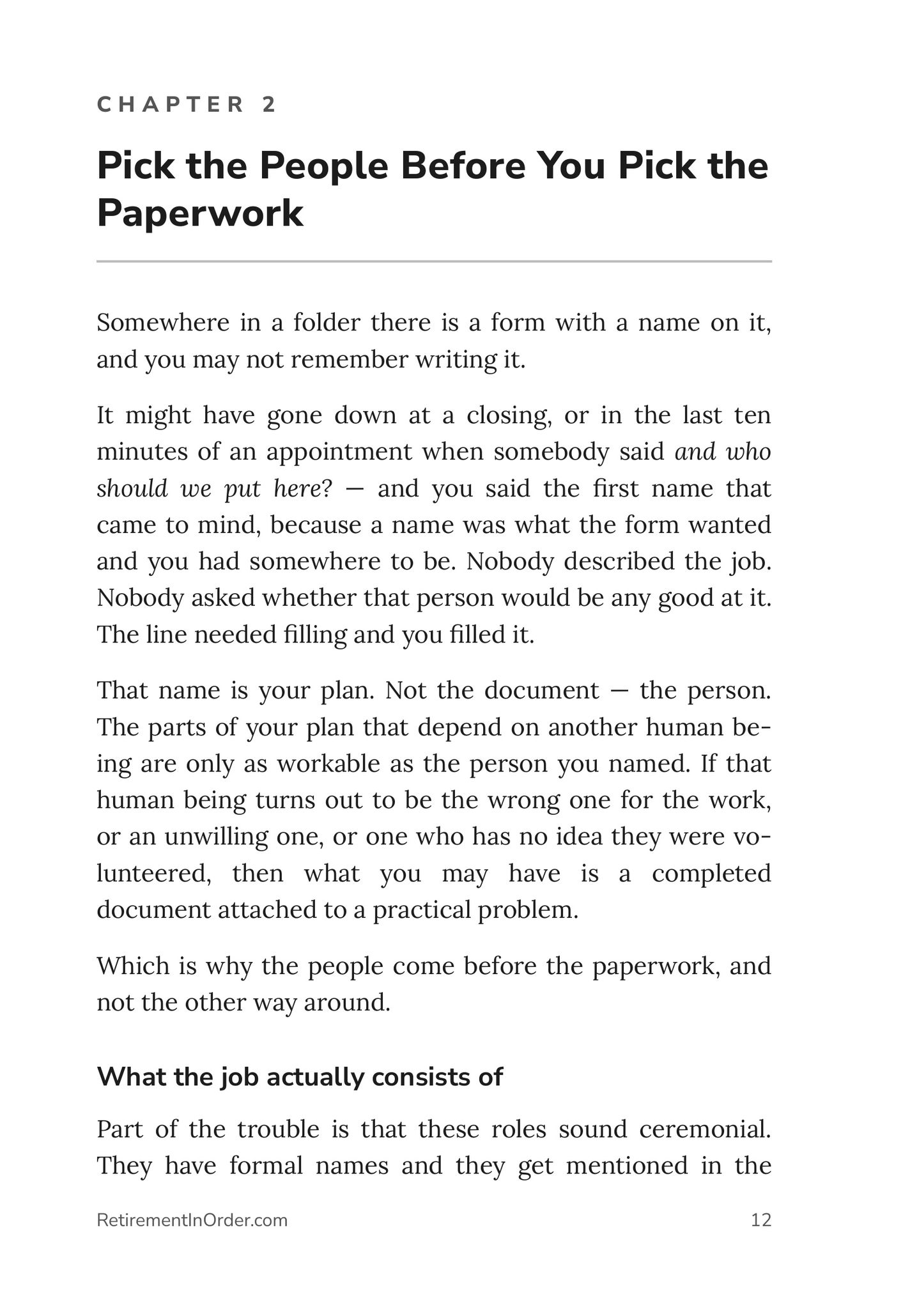 Chapter 2 — Pick the People Before You Pick the Paperwork — an actual page from I'm Going to Die: Getting Your Affairs in Order