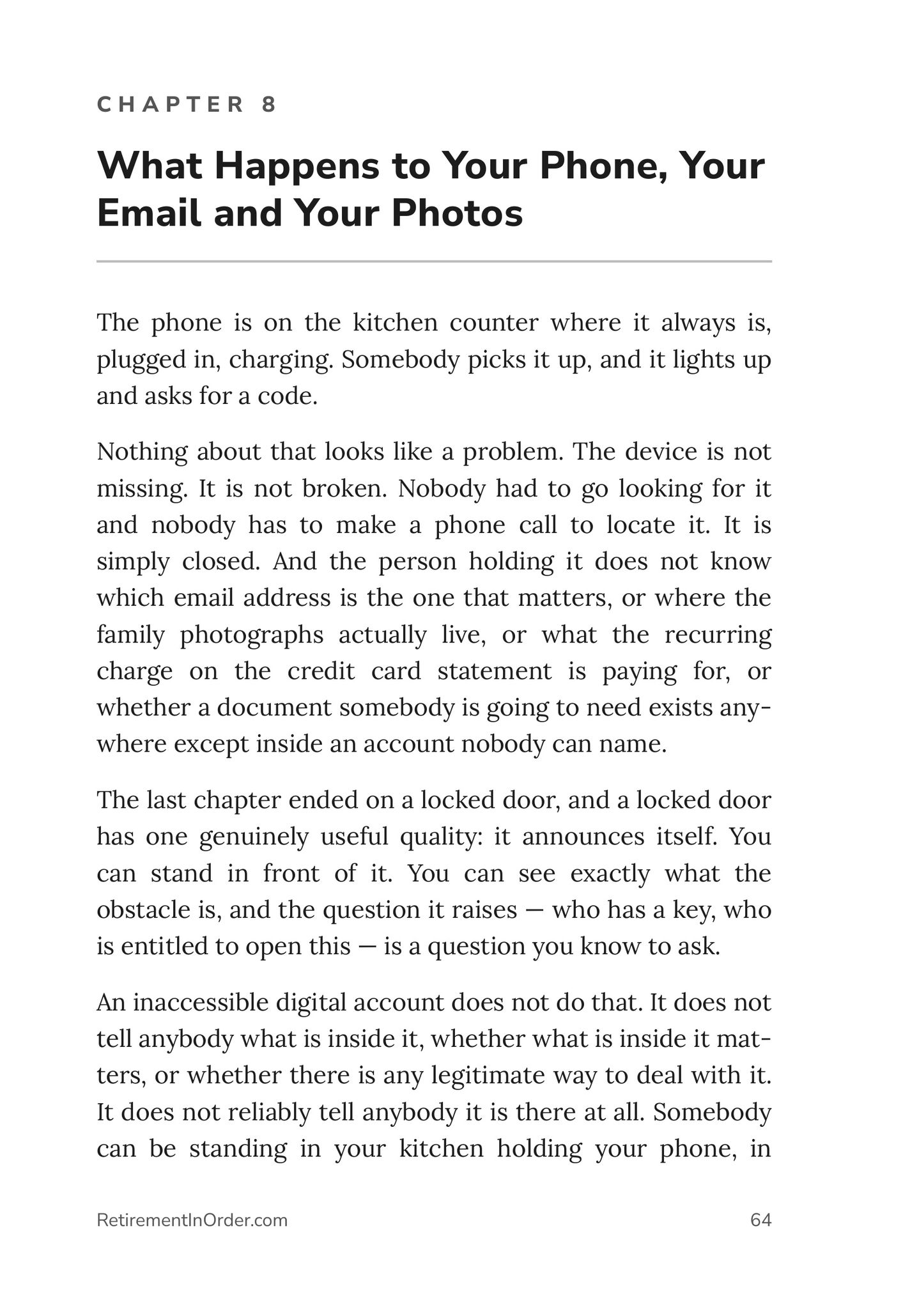 Chapter 8 — What Happens to Your Phone, Your Email and Your Photos — an actual page from I'm Going to Die: Getting Your Affairs in Order
