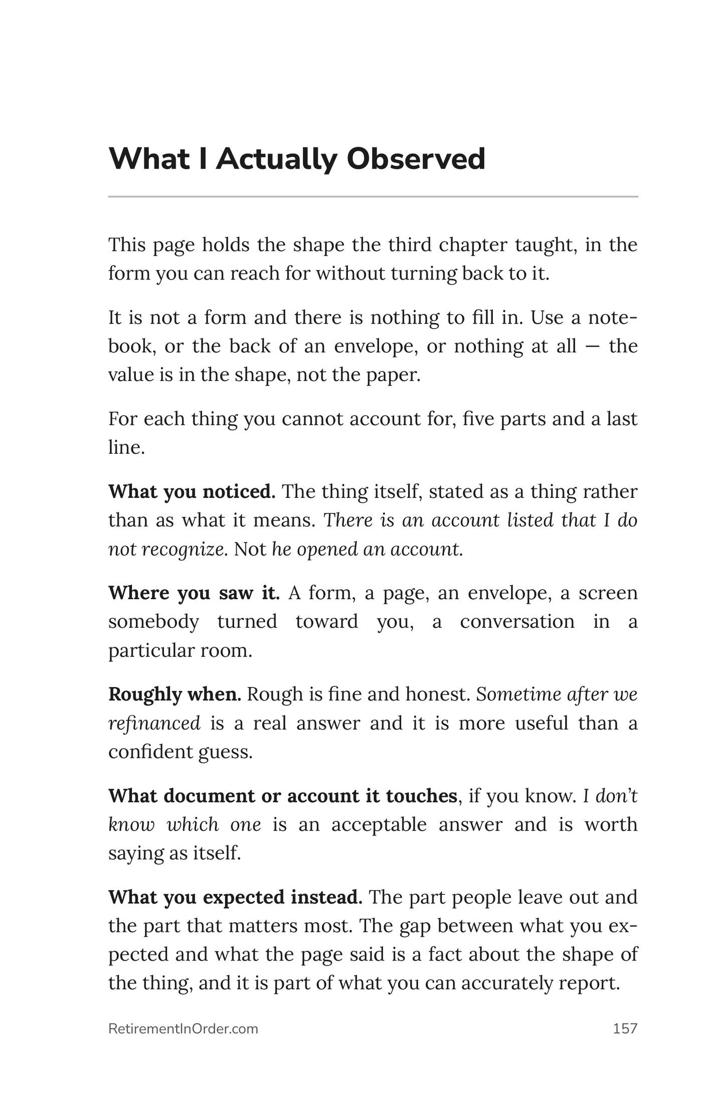 What I actually observed — five parts and a last line — an actual page from the Hidden Money PDF