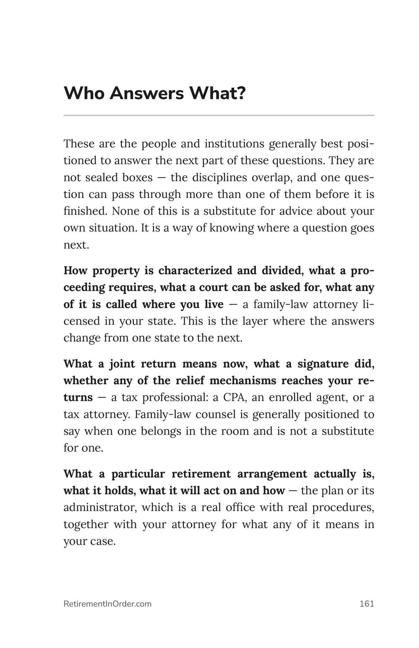 Who answers what — where each question goes next — an actual page from the Hidden Money PDF
