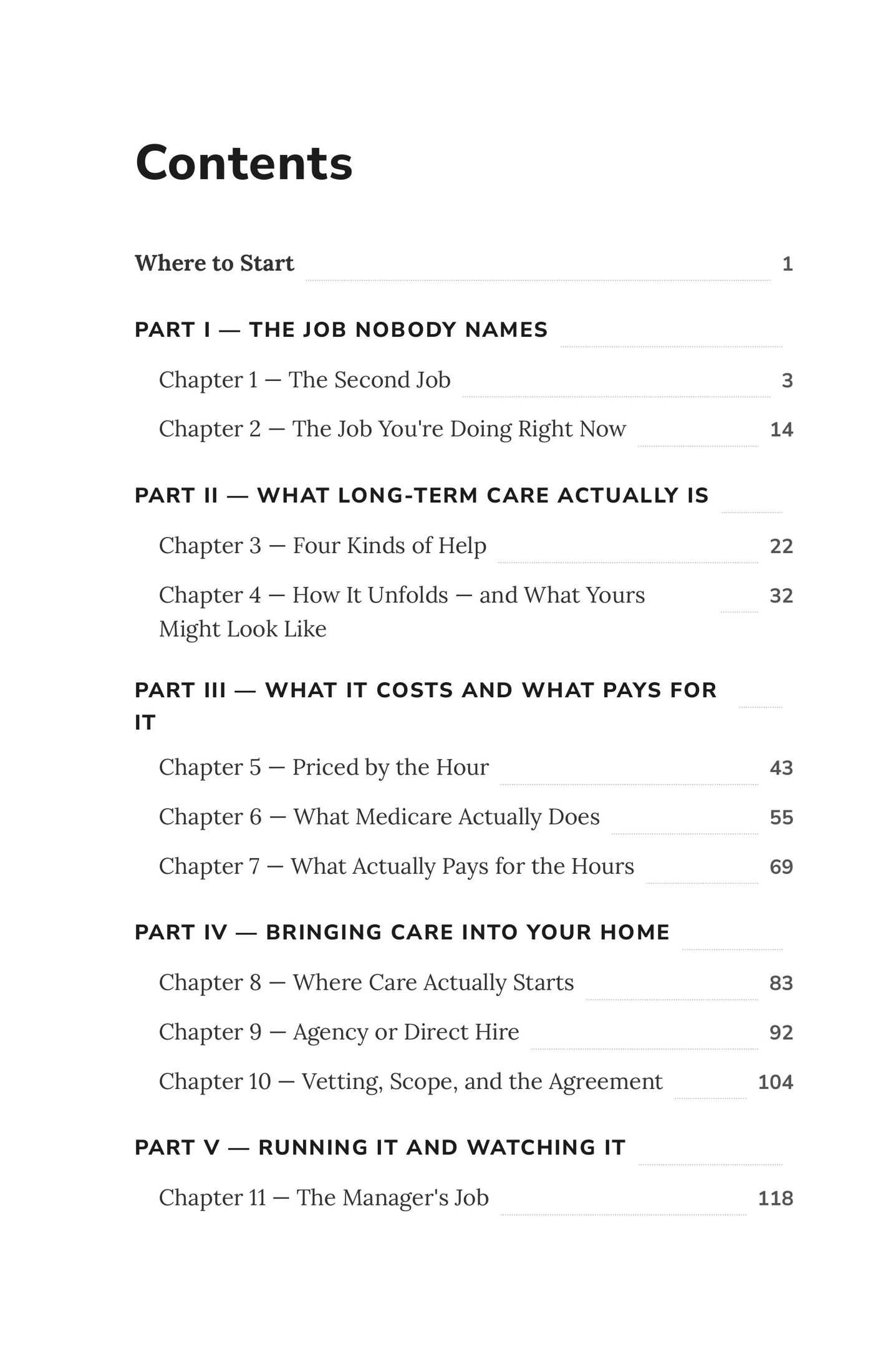 Full table of contents — an actual page from Long-Term Care on Your Own
