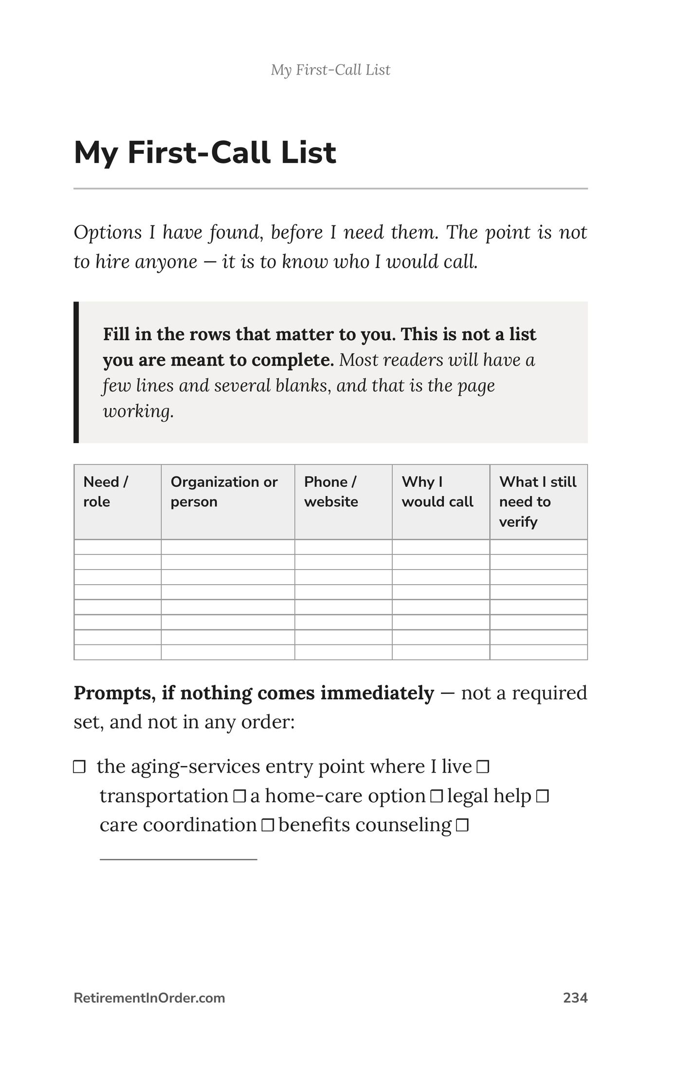 My First-Call List — an actual page from Long-Term Care on Your Own