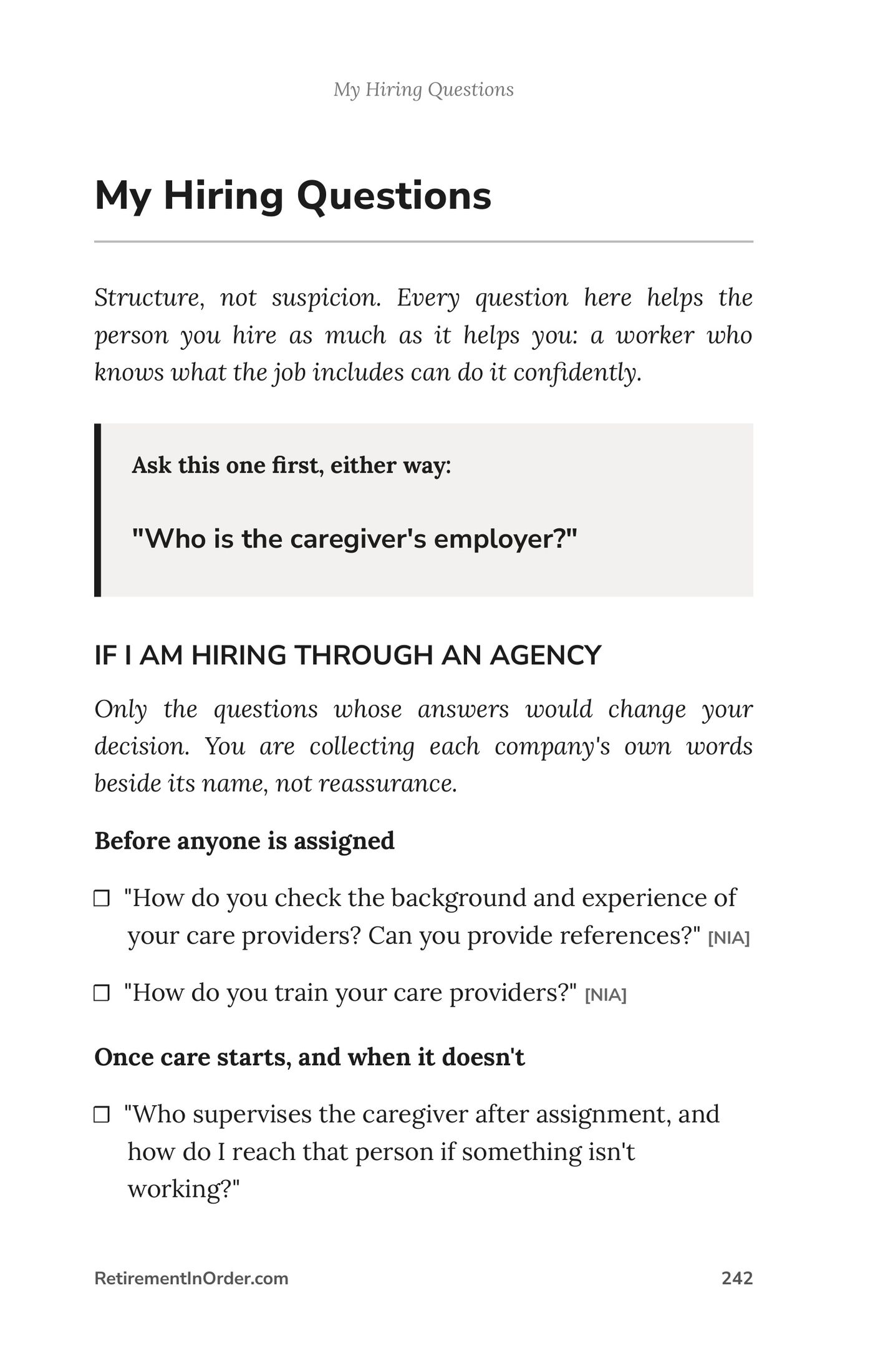 My Hiring Questions — what to ask, and what the answer has to contain — an actual page from the Long-Term Care PDF