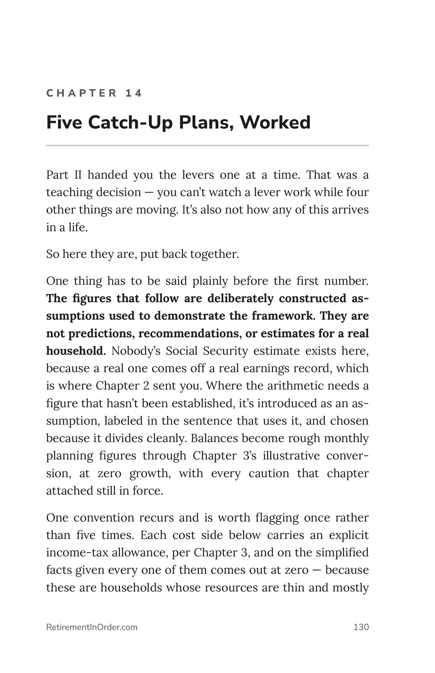 Chapter 14 — five catch-up plans, worked — an actual page from the Retirement Catch-Up PDF