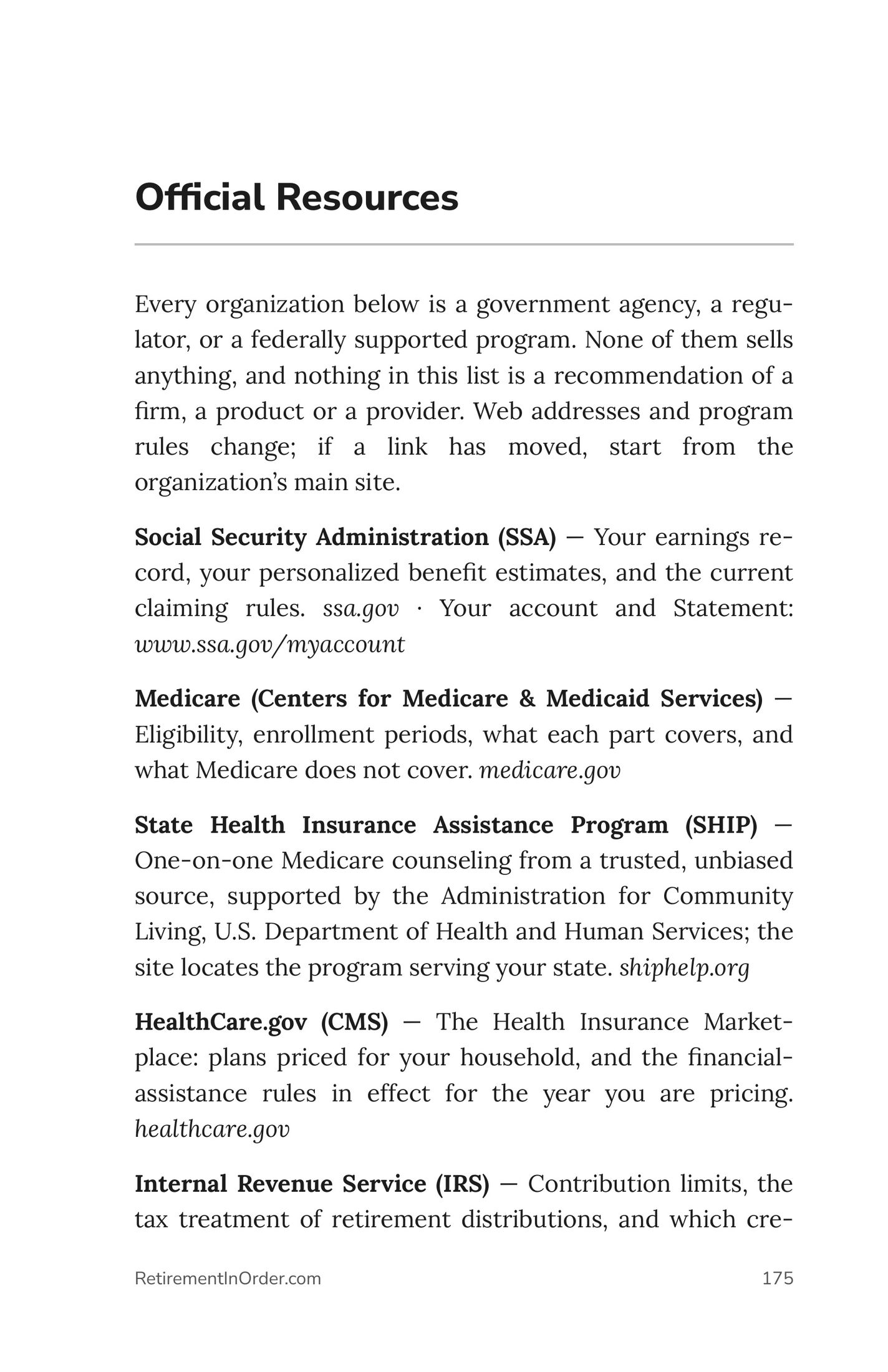 Official Resources — the agencies that hold the answers — an actual page from the Retirement Catch-Up PDF