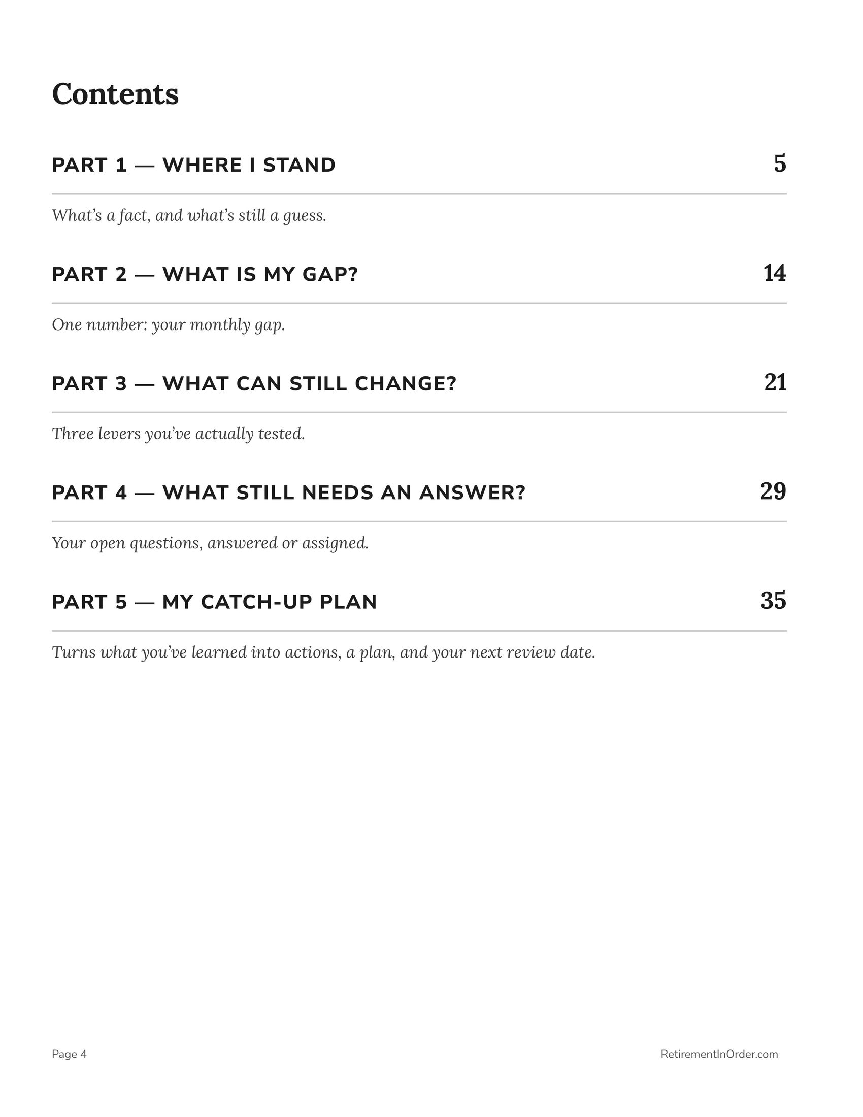 Full table of contents — an actual page from the Catch-Up Workbook PDF