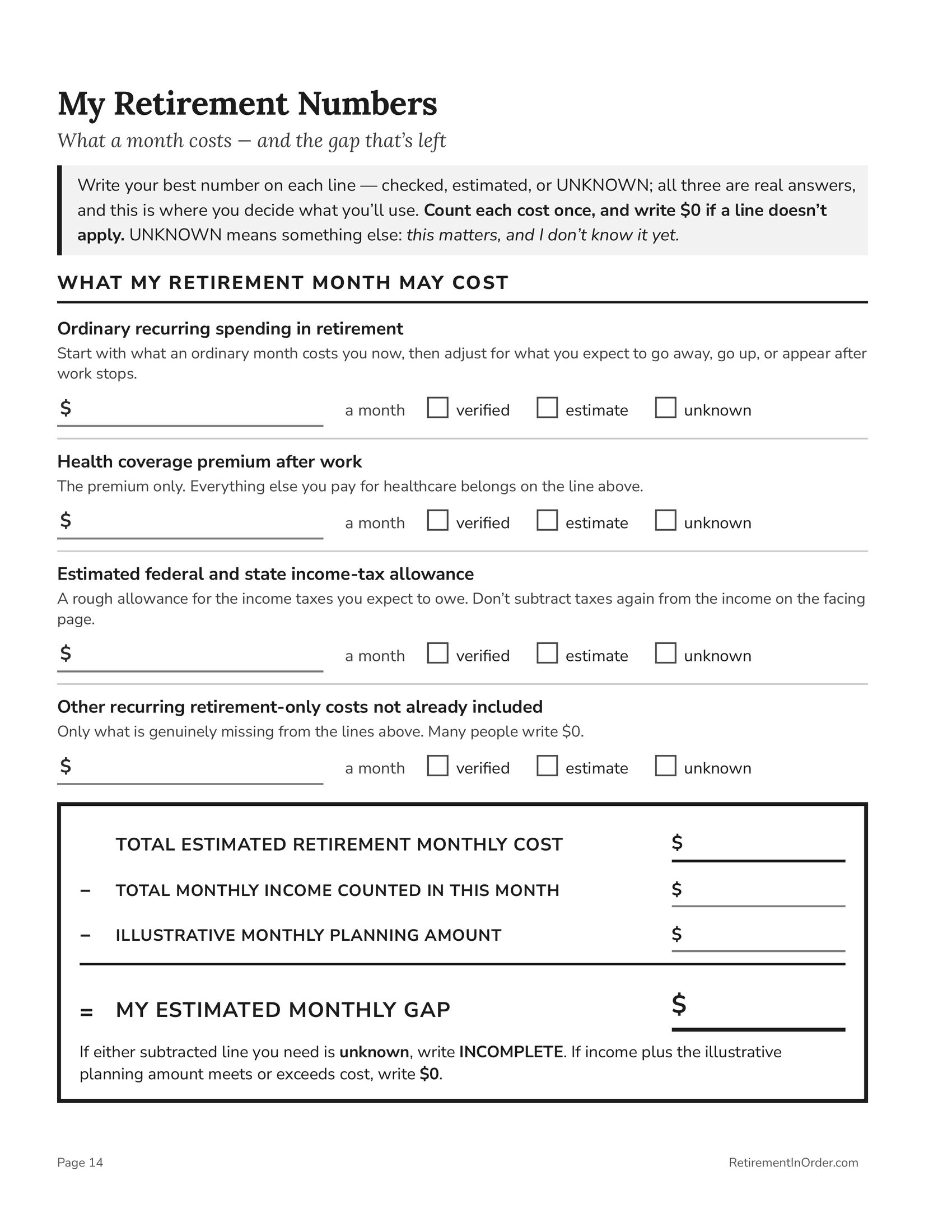 My Retirement Numbers — what a month costs, and the gap — an actual page from the Catch-Up Workbook PDF