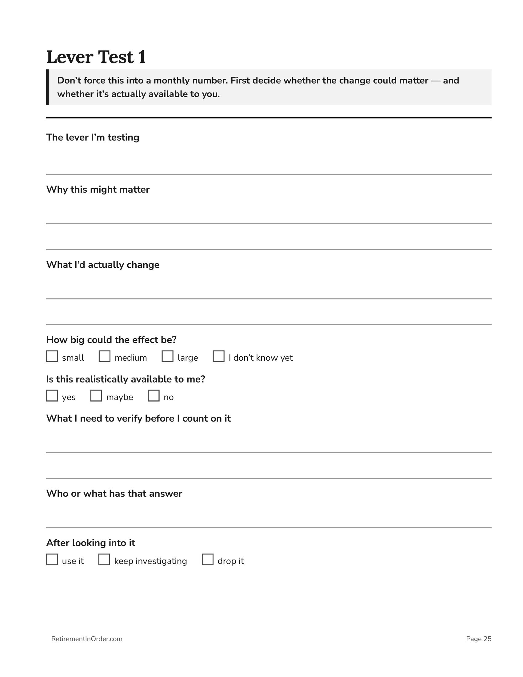 Lever Test 1 — one page per change you test — an actual page from the Catch-Up Workbook PDF