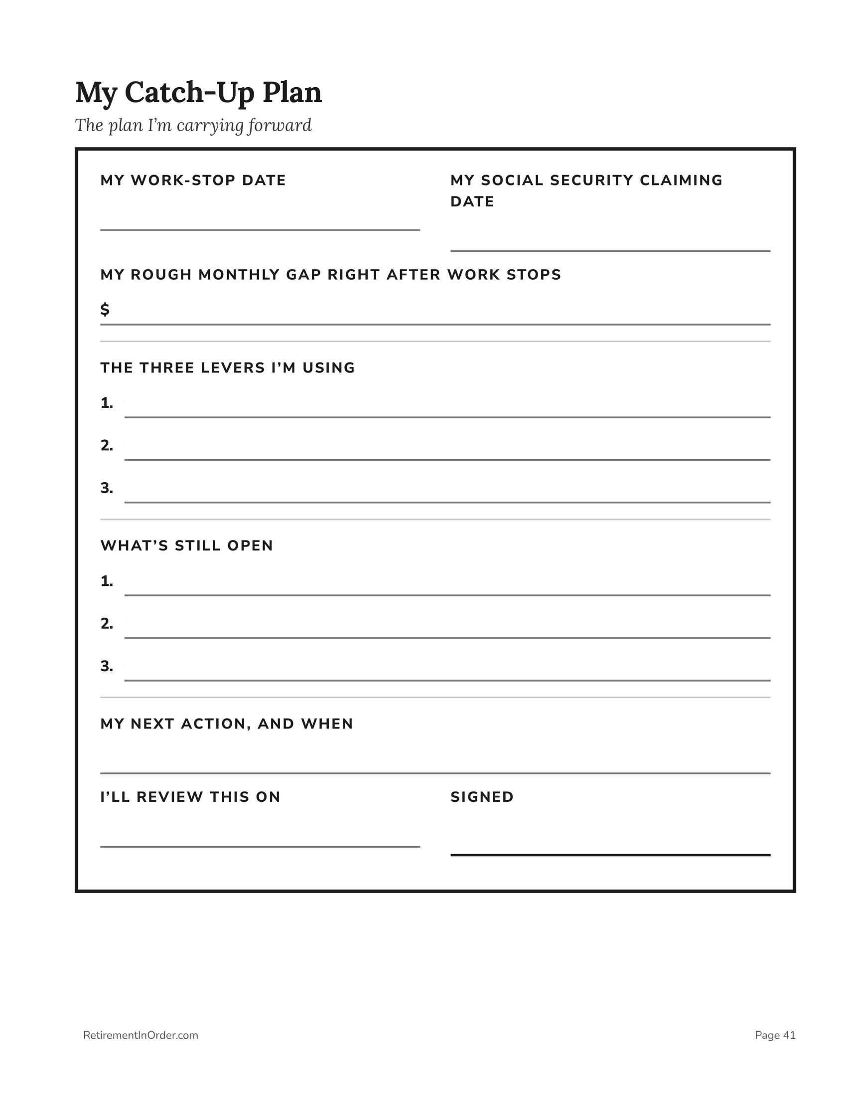 My Catch-Up Plan — the page you date and sign — an actual page from the Catch-Up Workbook PDF