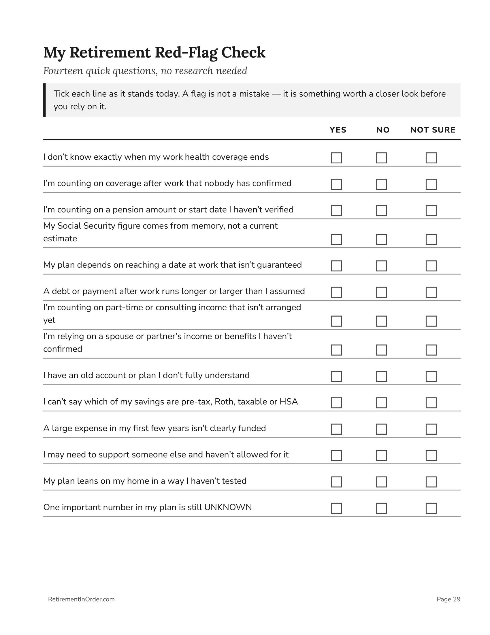 My Retirement Red-Flag Check — an actual page from Retirement Catch-Up Workbook