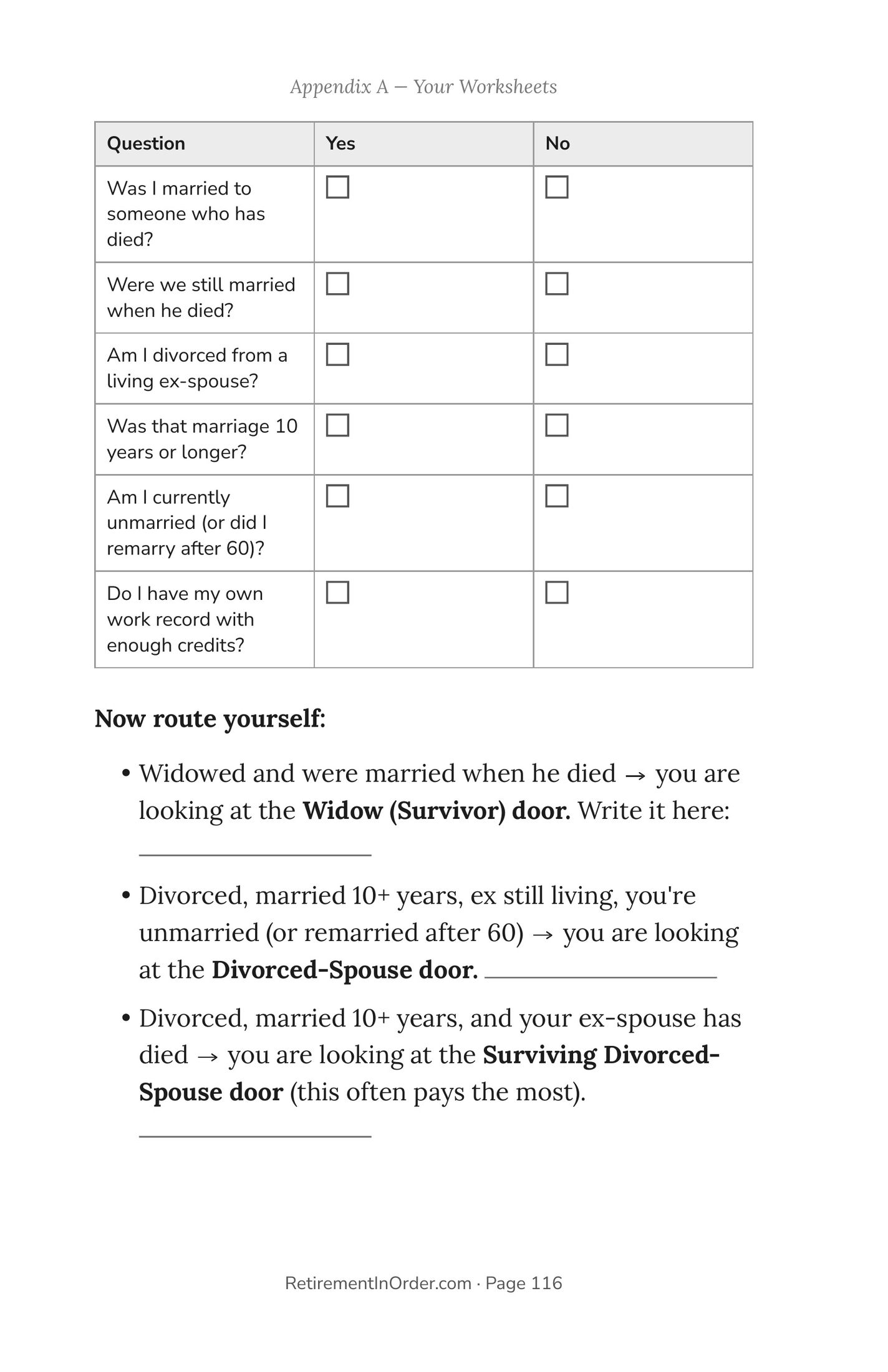 Worksheet 1 — which door am I? — an actual page from the Social Security PDF