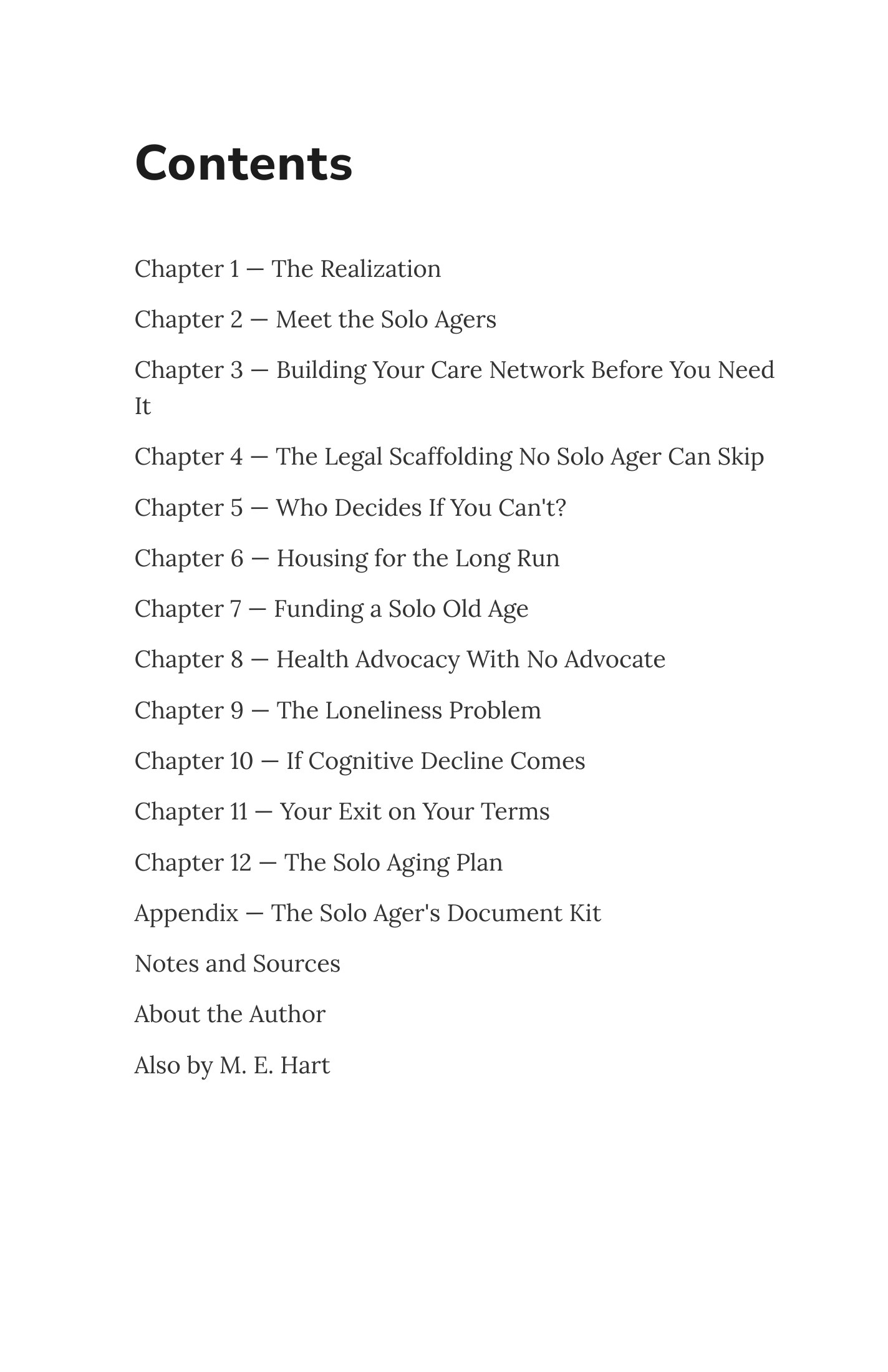 Full table of contents — an actual page from the Solo Aging PDF