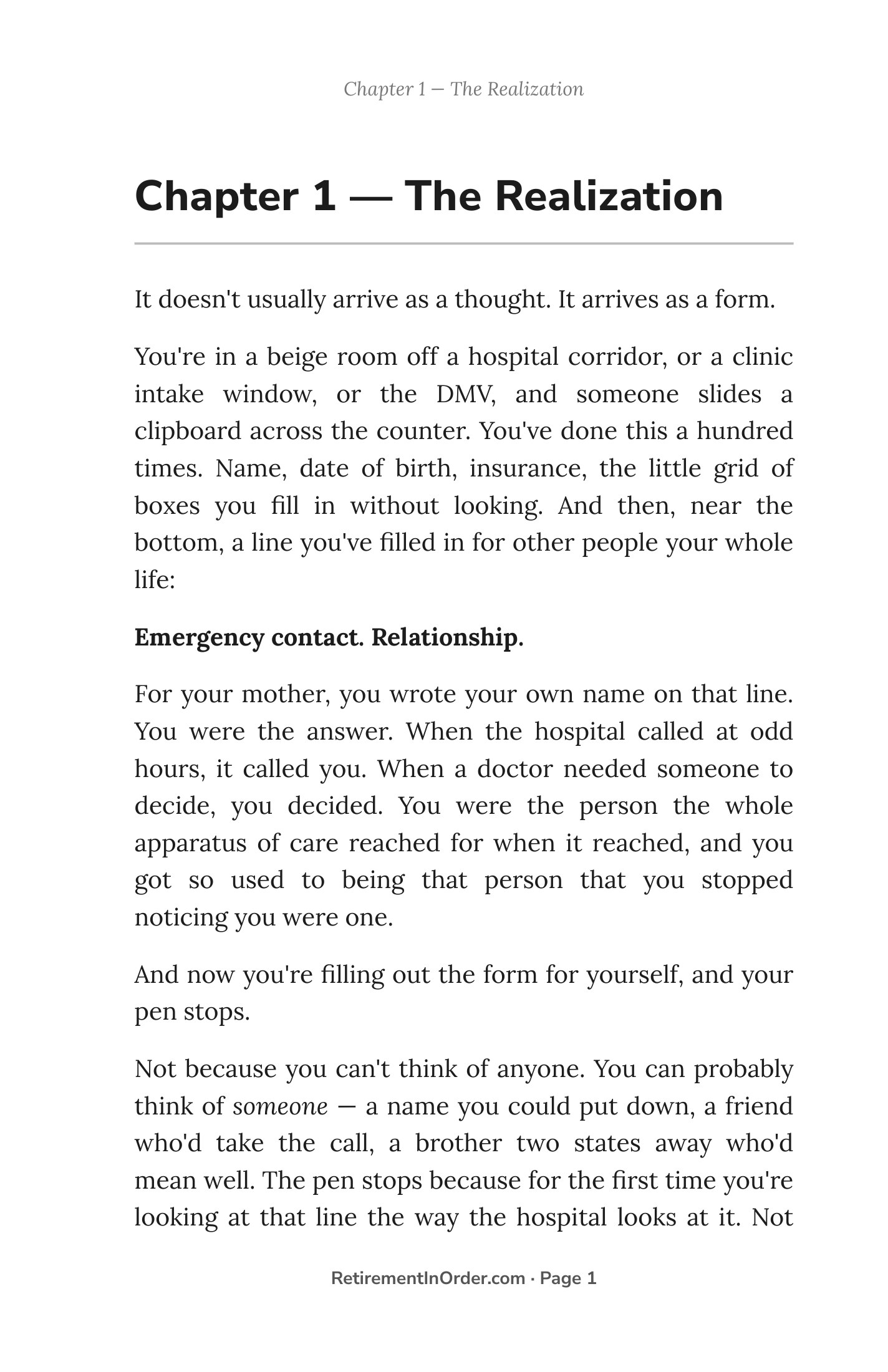 Chapter 1 — the realization — an actual page from the Solo Aging PDF