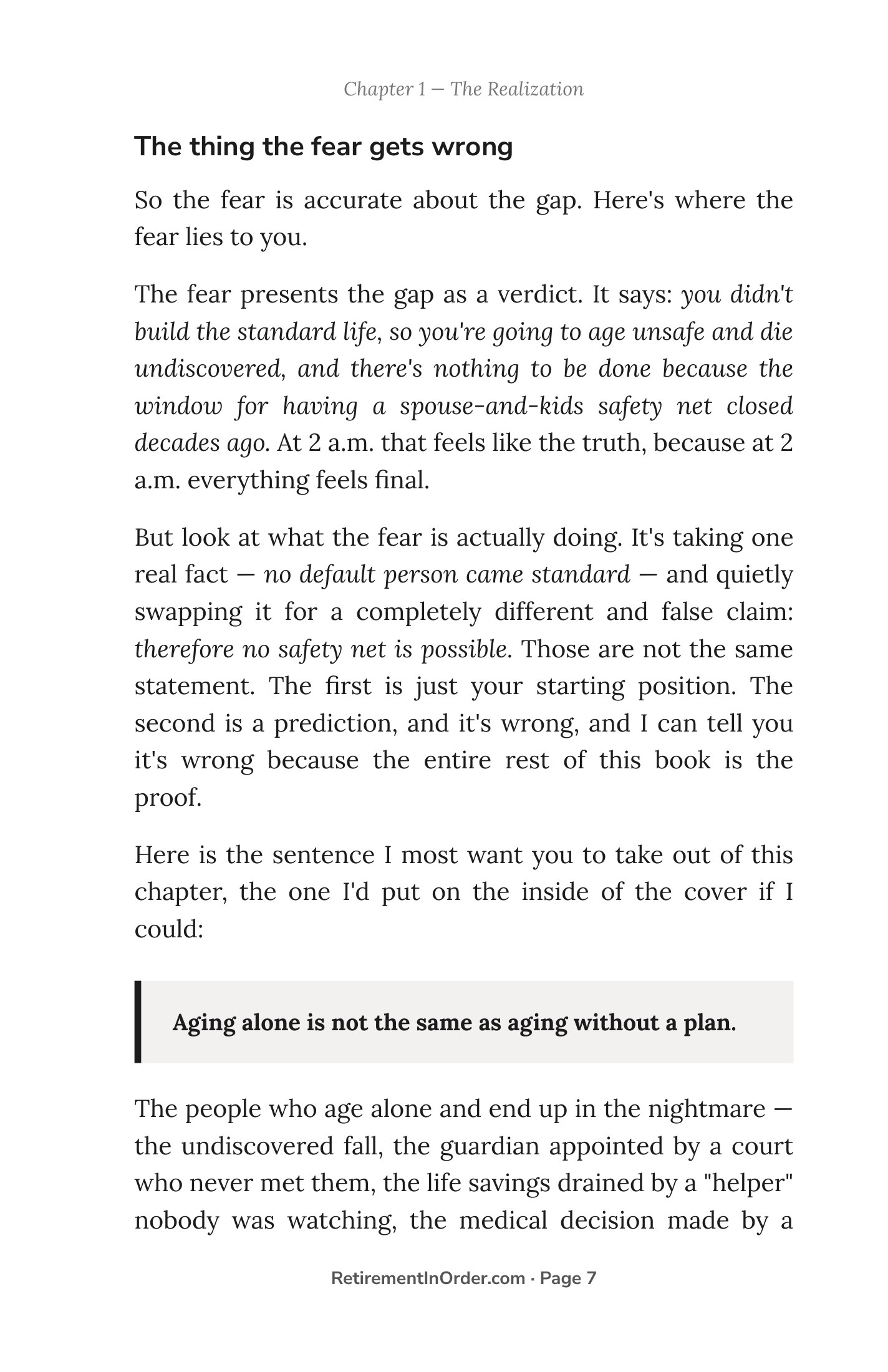 The thing the fear gets wrong — an actual page from the Solo Aging PDF