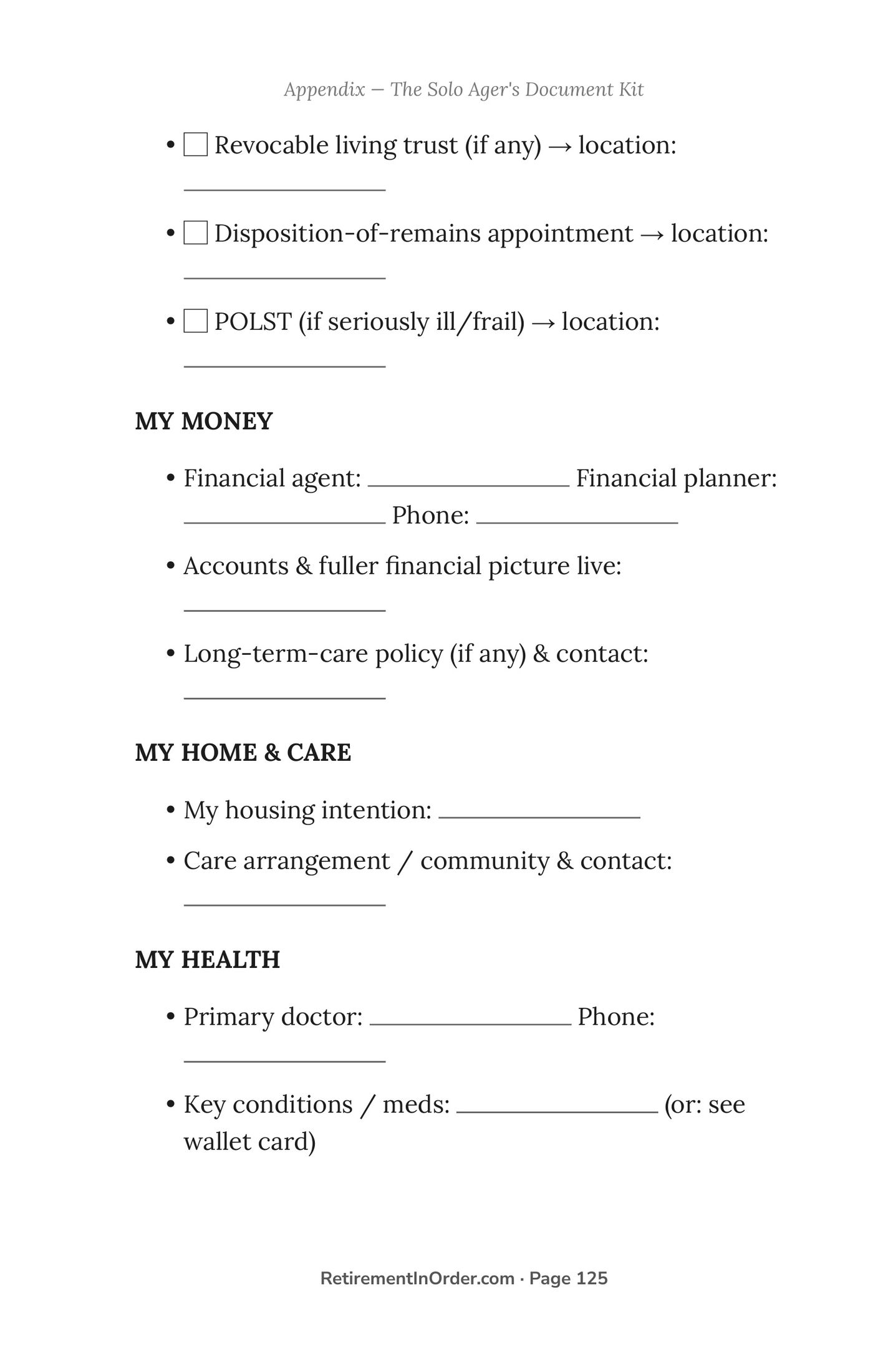 The Solo Ager's document kit — an actual page from the Solo Aging PDF