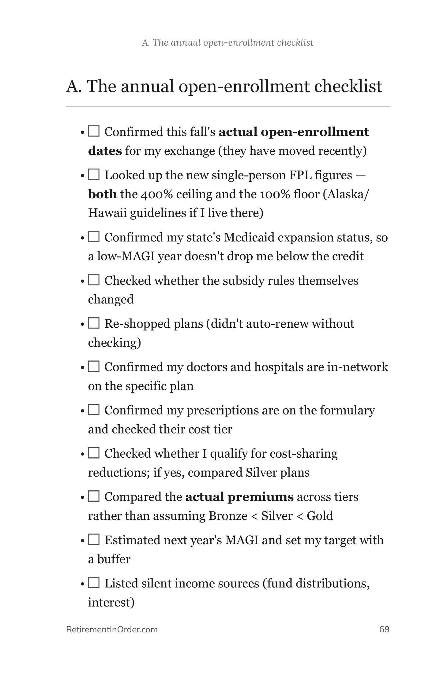 The annual open-enrollment checklist — an actual page from the Health Insurance PDF