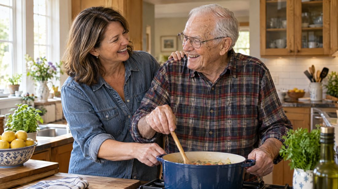 A woman in her fifties laughing with her father in his eighties as they cook together at the stove