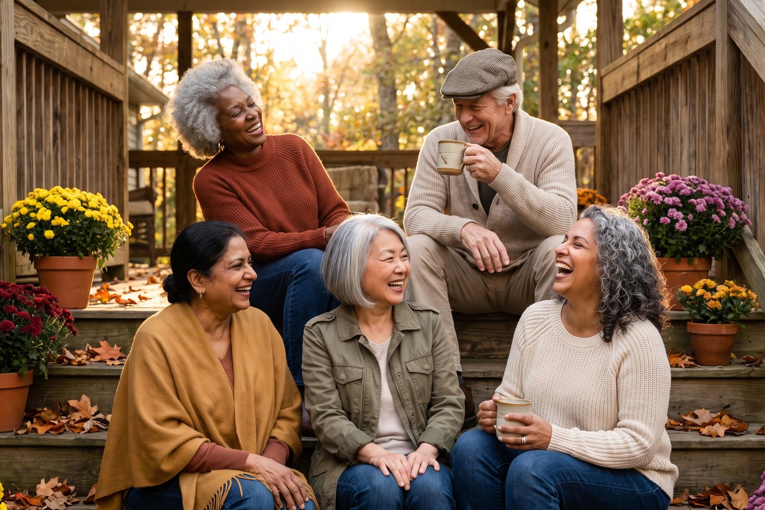 Five friends in their sixties and seventies laughing together on porch steps on an autumn afternoon