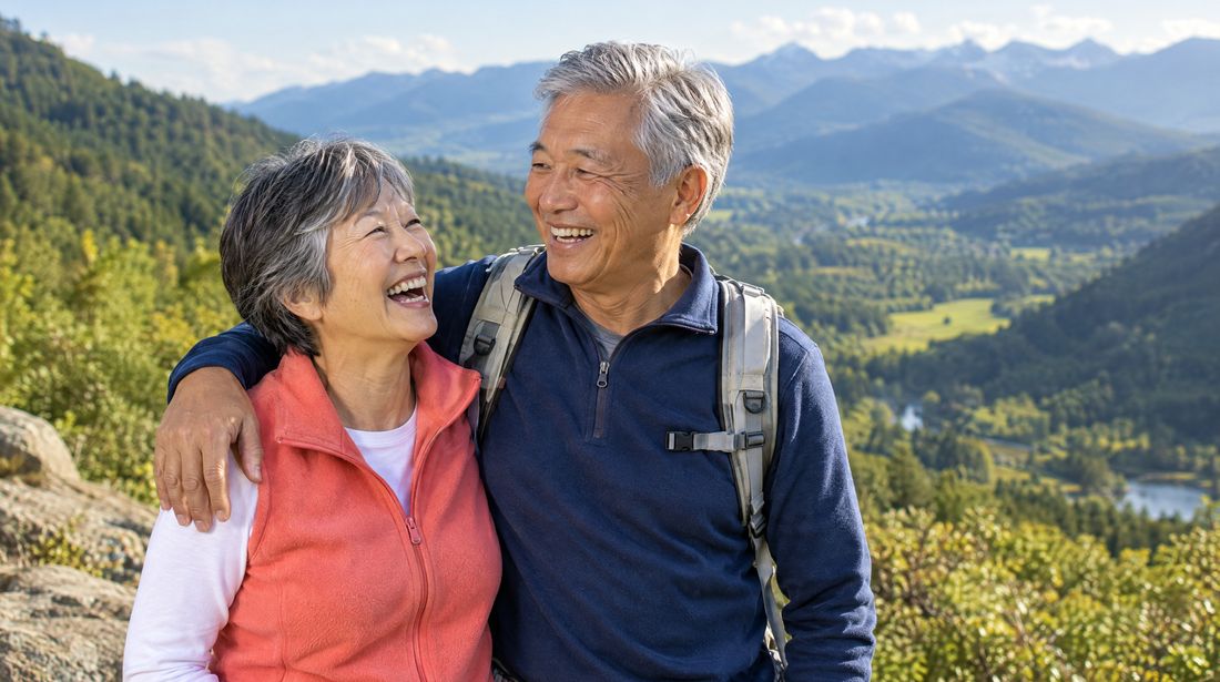 An Asian couple in their late sixties laughing together at a mountain overlook on a hike