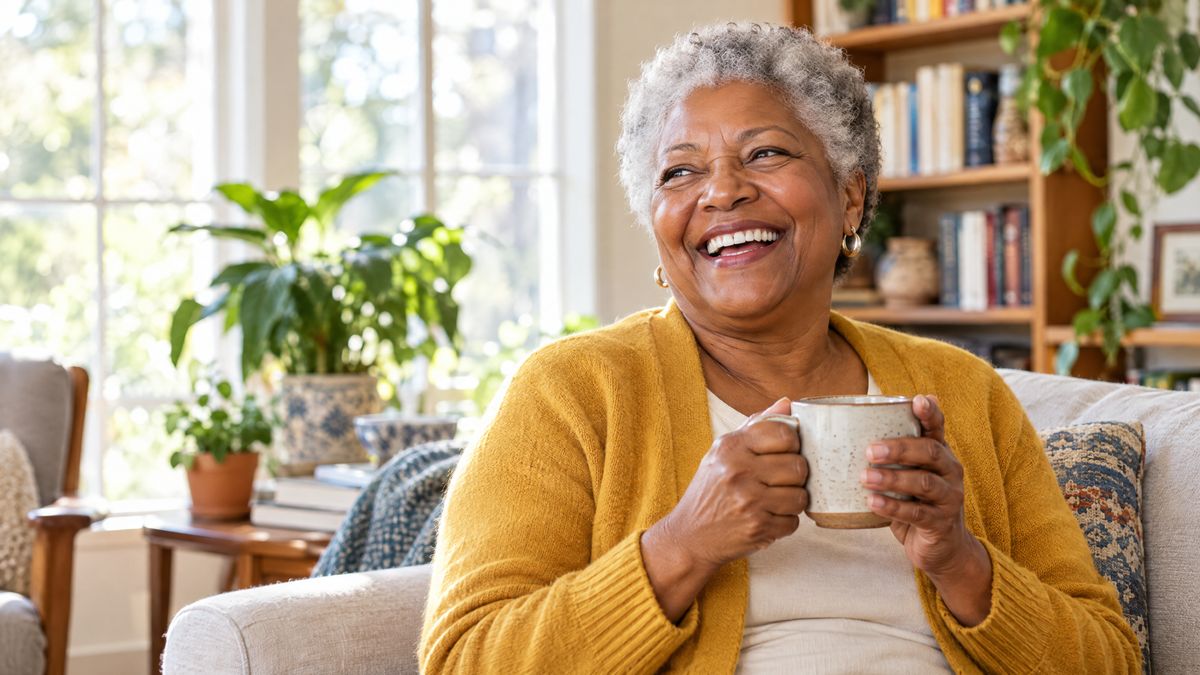 A Black woman in her late sixties with silver hair laughing in her sunlit living room, a coffee mug in her hands