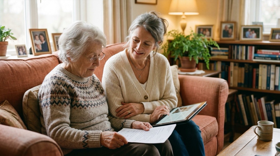 An adult daughter sitting close with her elderly mother on a sofa, reviewing a document and a tablet together