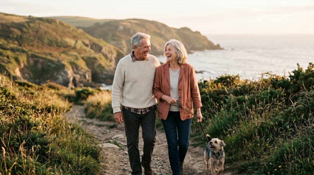 A joyful couple in their 60s walking a coastal trail at golden hour with their dog