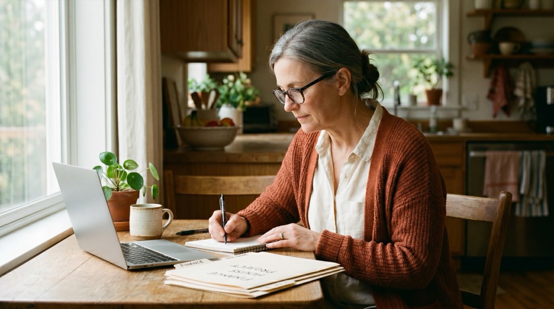 A woman in her late 50s at a sunlit kitchen table, going through folders and notes with her laptop