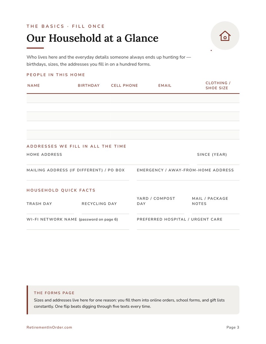 Household at a Glance — actual interior page from the Home Management Binder printable PDF