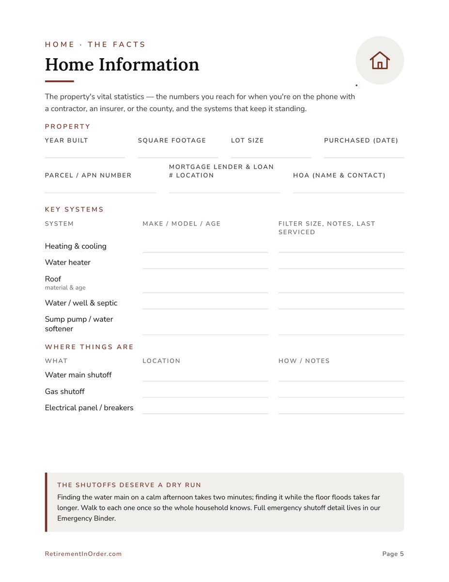 Home Information & Systems — actual interior page from the Home Management Binder printable PDF